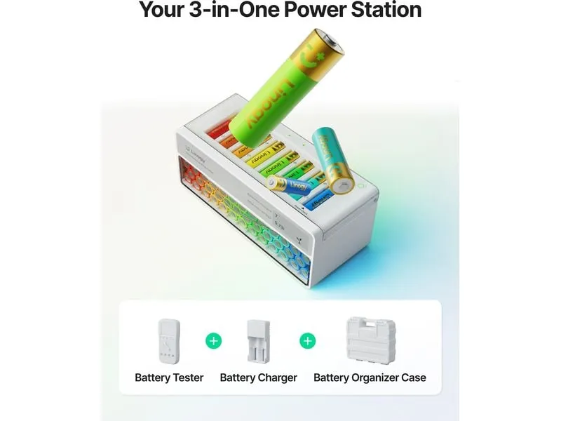Linogy Ladegerät AA AAA Ladegerät 8-Fach, mit Batterietester, Weiss