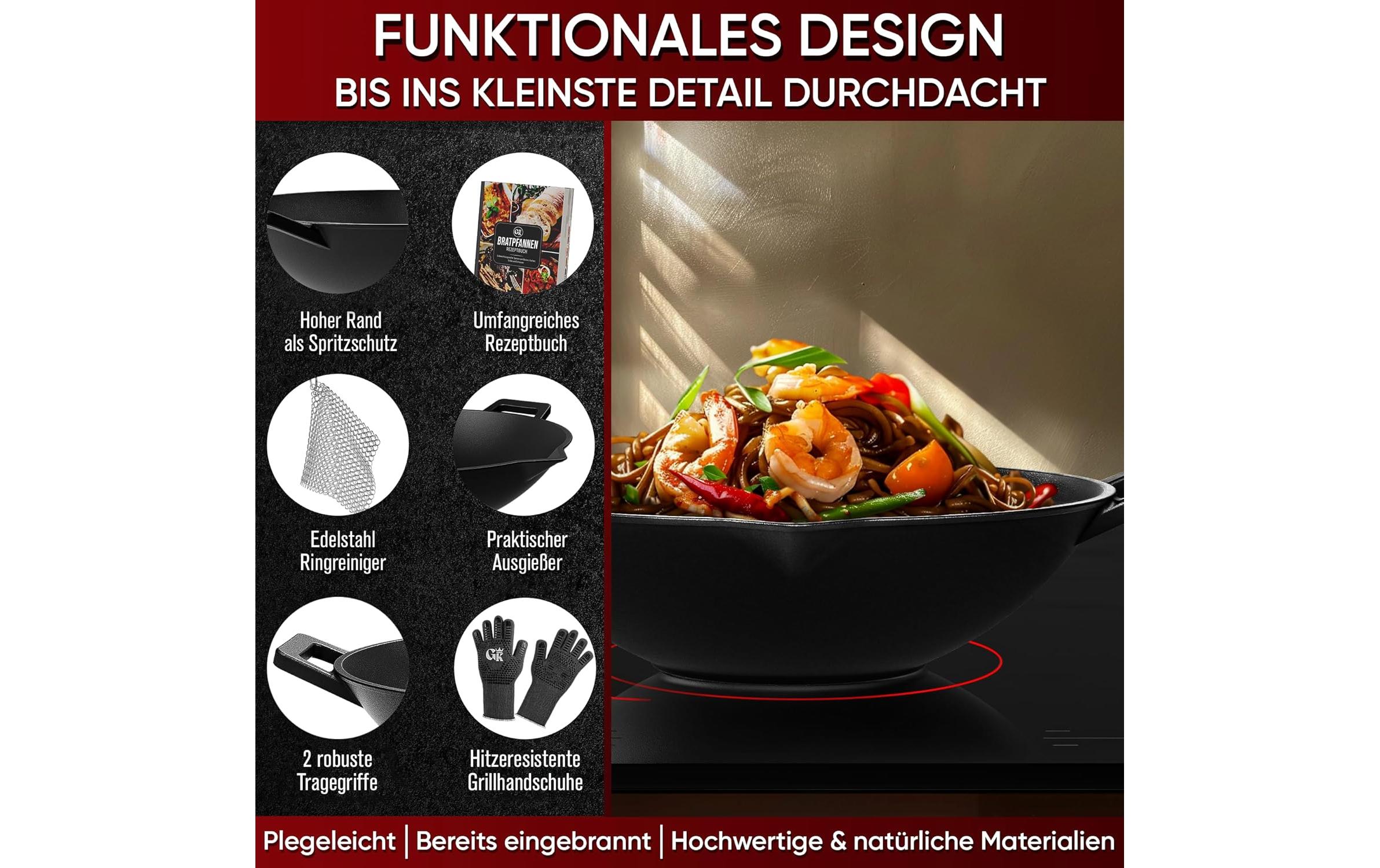 Gusskoenig Wok 35 cm mit Reiniger, Handschuhe