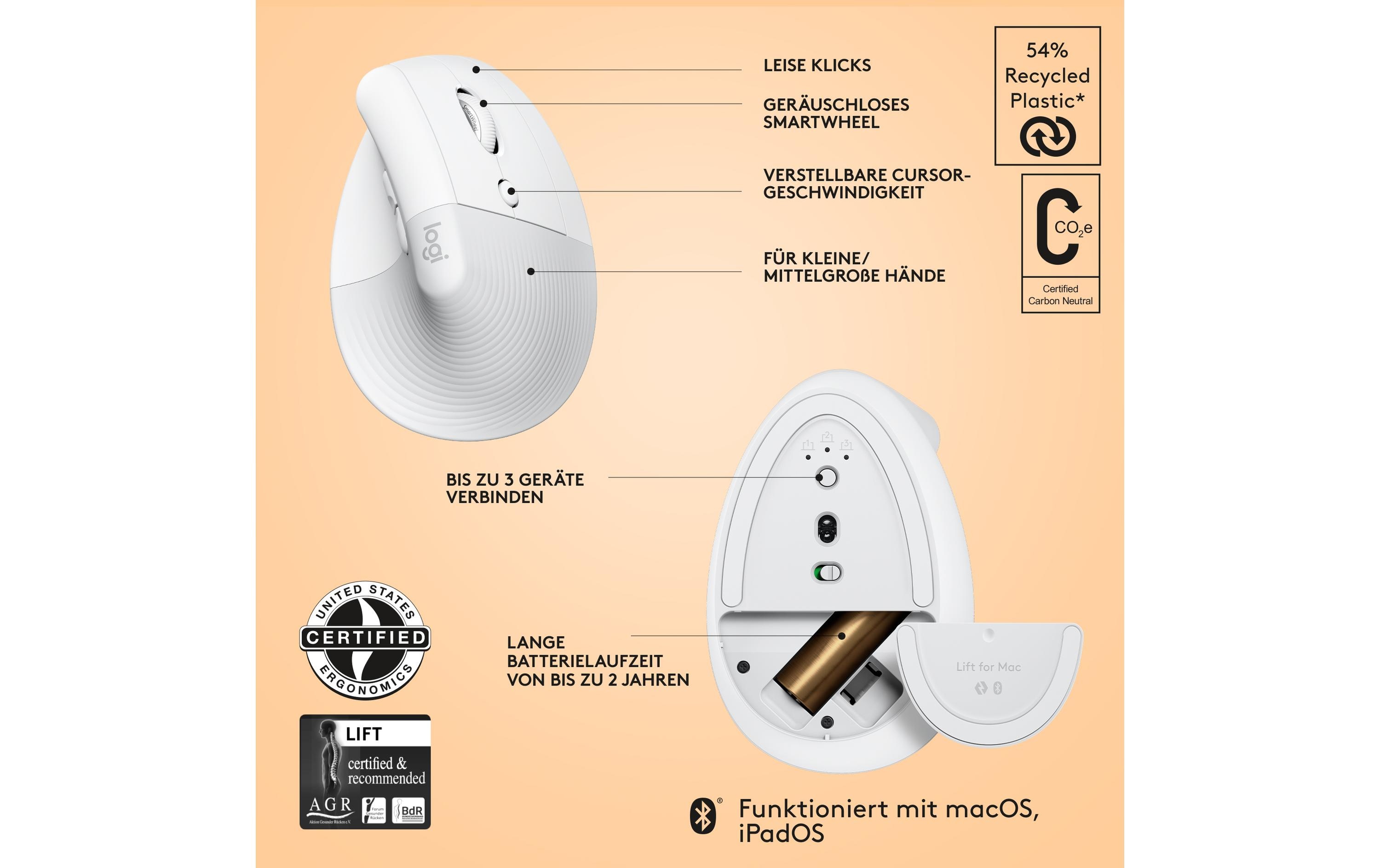 Logitech Ergonomische Maus Lift for Mac off-white Logitech Ergonomische Maus Lift for Mac off-white