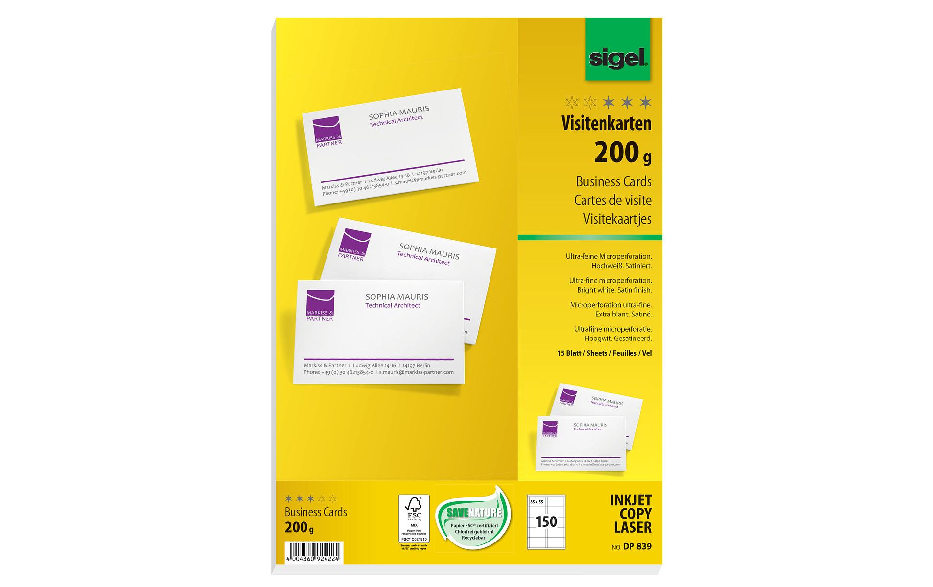 Sigel Visitenkarten-Etiketten 8.5 x 5.5 cm, 15 Blatt, 200 g, Weiss