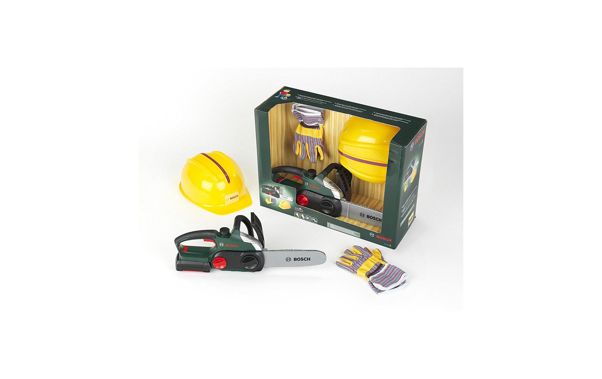 Klein-Toys Handwerker BOSCH Kettensäge mit Helm und Handschuhen