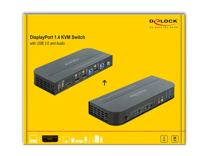 Delock KVM Switch 2 Port Displayport 1.4 mit USB3.0 & Audio 8k 30Hz