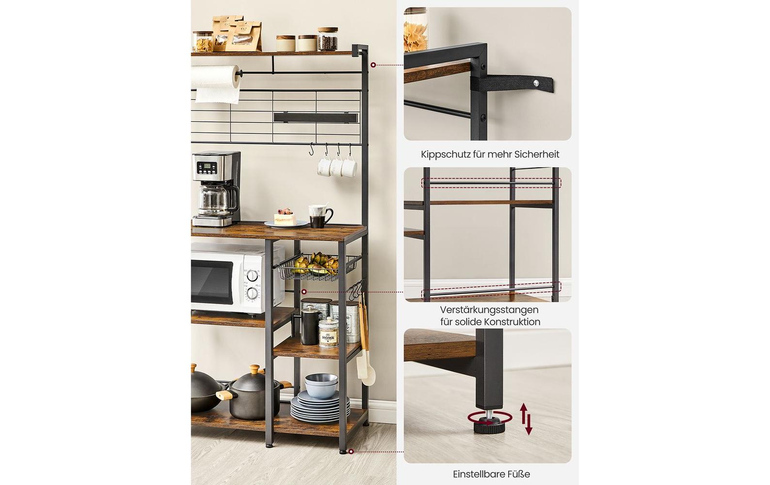 VASAGLE Küchenregal 90 cm x 167.3 cm, Braun/Schwarz