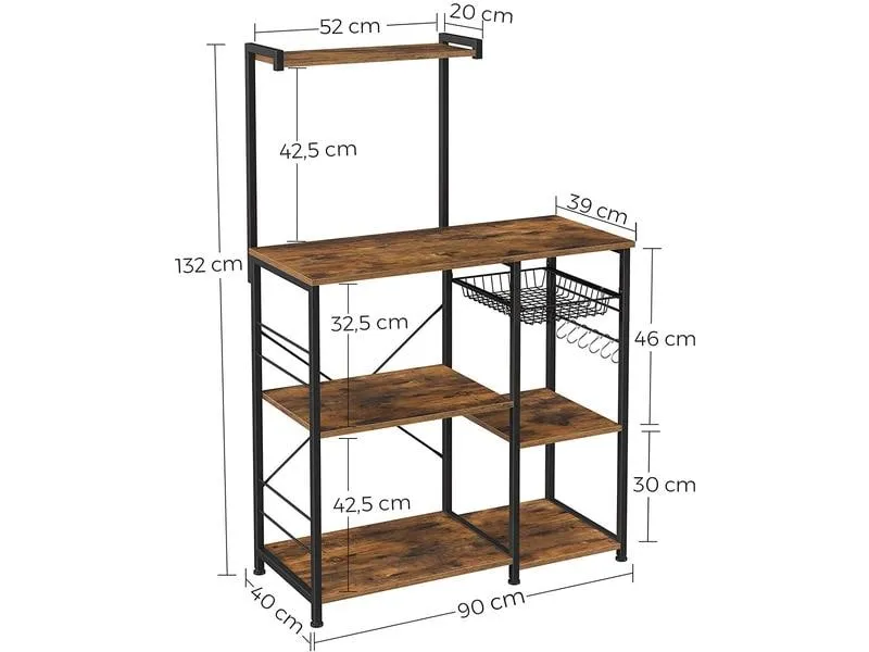VASAGLE Küchenregal mit 6 Haken 90 x 132 cm, Dunkelbraun/Schwarz VASAGLE Küchenregal mit 6 Haken 90 x 132 cm, Dunkelbraun/Schwarz