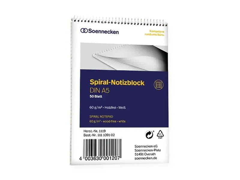 Soennecken Spiralblock A5, 50 Blätter, kariert Soennecken Spiralblock A5, 50 Blätter, kariert