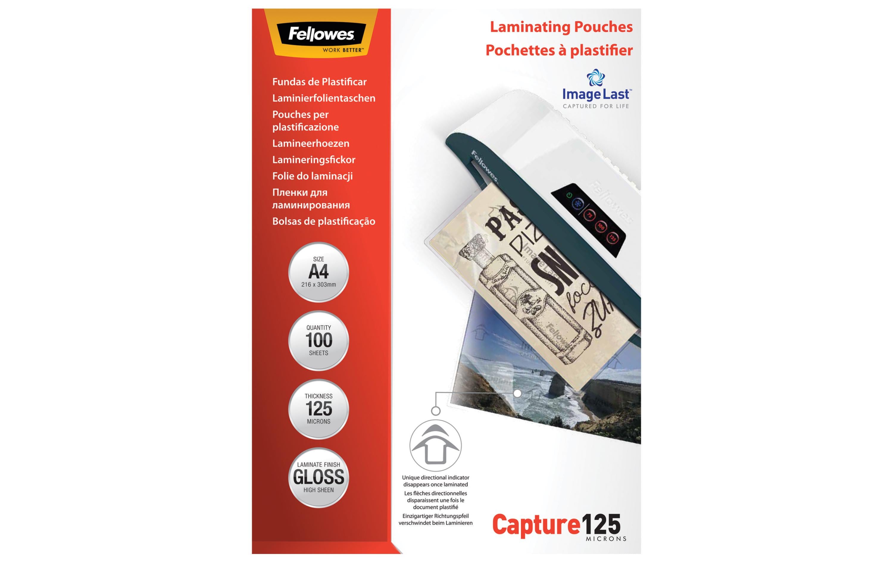 Fellowes Laminierfolie A4, 125 µm, 100 Stück, Glänzend Fellowes Laminierfolie A4, 125 µm, 100 Stück, Glänzend
