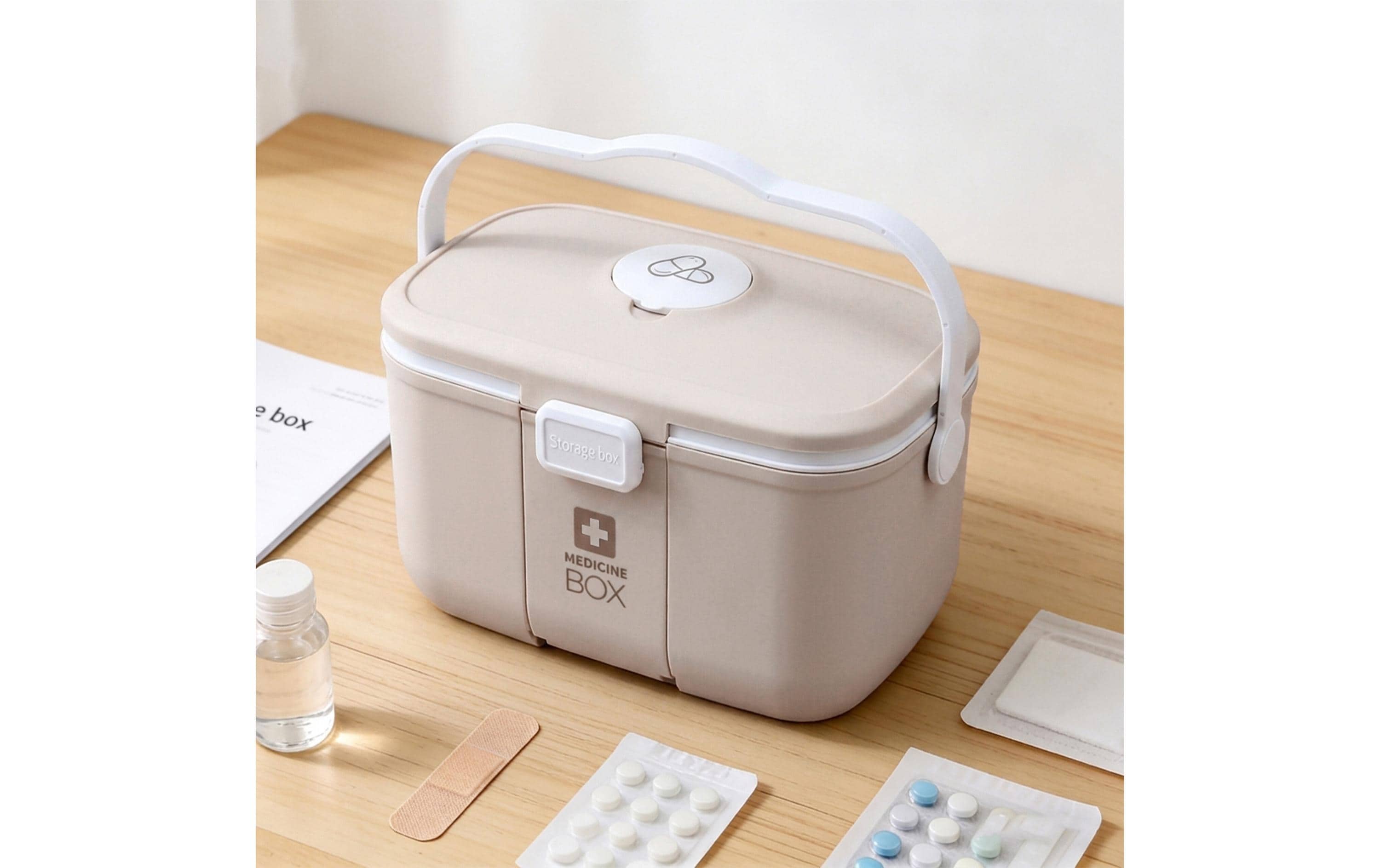 relaxdays Medizinbox aus Kunststoff Beige/Grau 17 x 28 x 18 cm