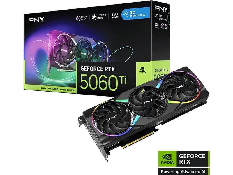 PNY GeForce RTX 5060 Ti Epic-X 8 GB GDDR7, ARGB, OC, Triple Fan PNY GeForce RTX 5060 Ti Epic-X 8 GB GDDR7, ARGB, OC, Triple Fan