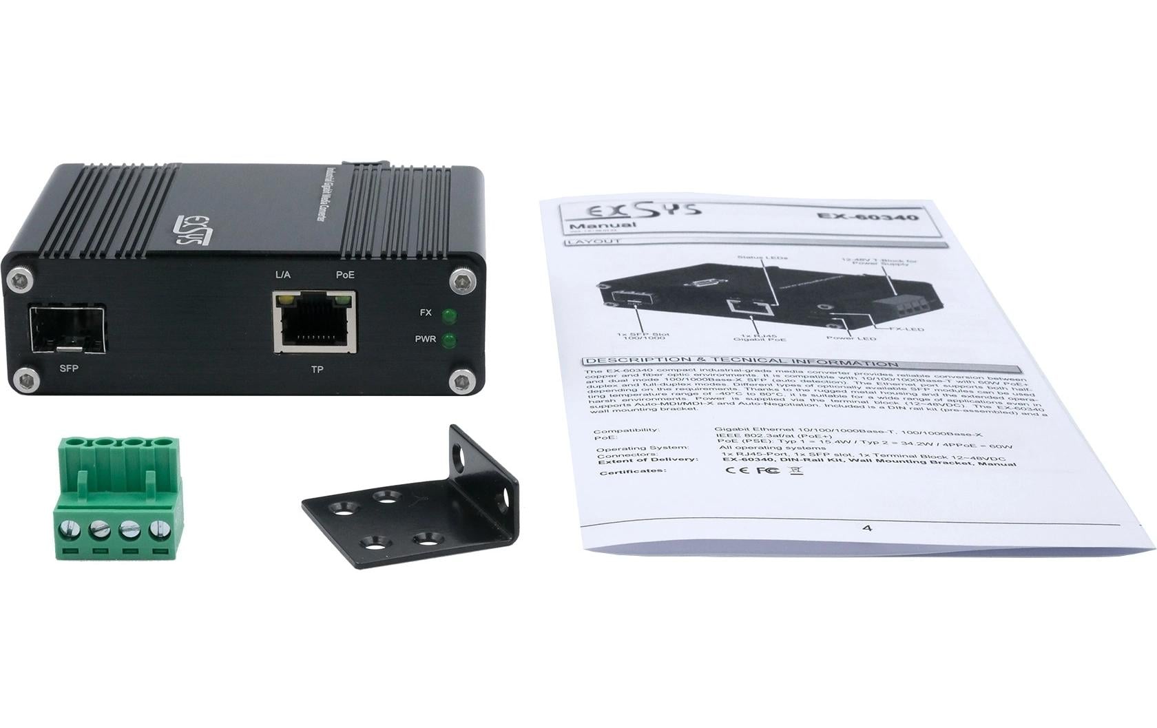 Exsys Medienkonverter EX-60340, 60W, SFP, mit PoE+