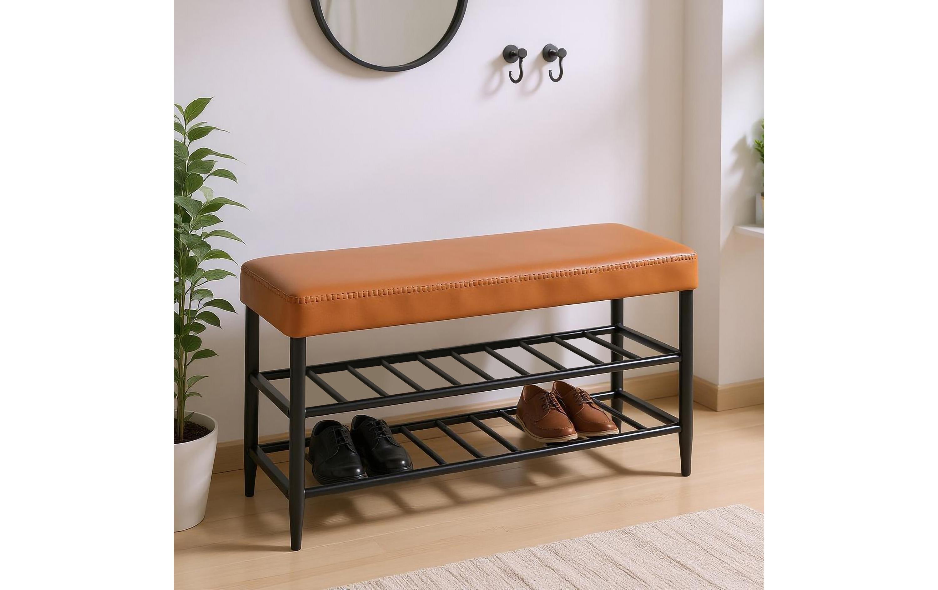 relaxdays Schuhbank mit zwei Ablagen 80 x 50 cm, Braun/Schwarz