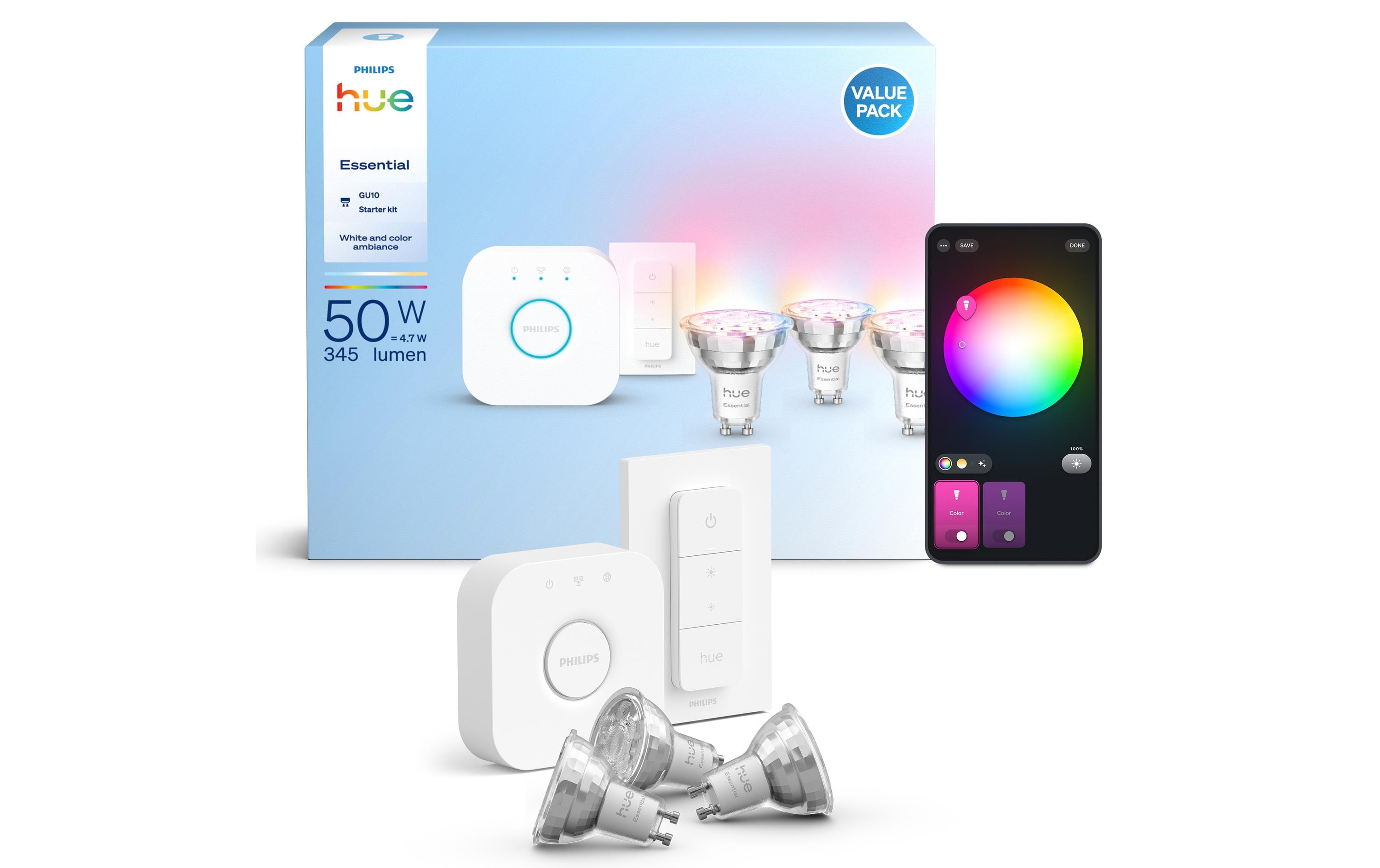 Philips Hue Essential Starter Kit Hue Bridge + 3 x GU10 RGB + Dimmer
