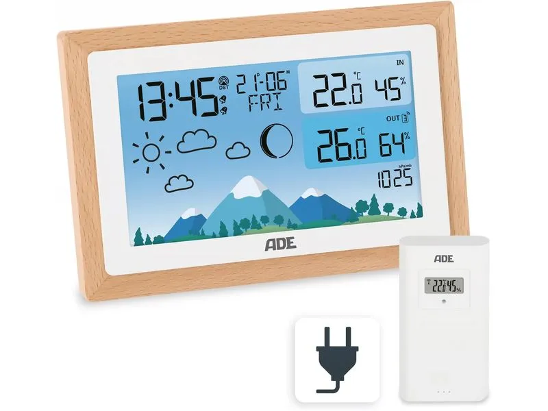 ADE Wetterstation mit Funk-Aussensensor Holz-weiss