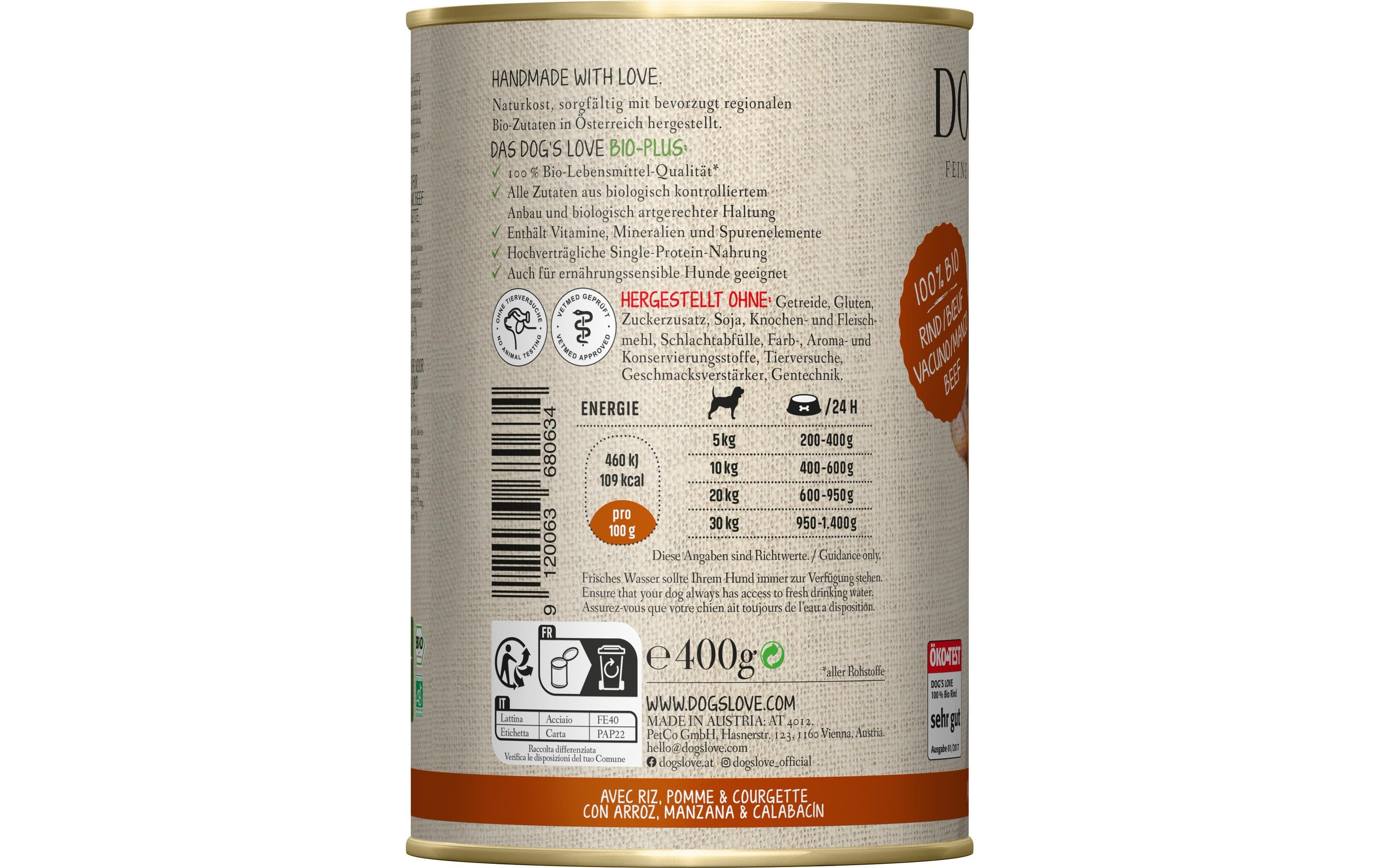 Dog's Love Nassfutter BIO Adult Rind, 400 g Dog's Love Nassfutter BIO Adult Rind, 400 g