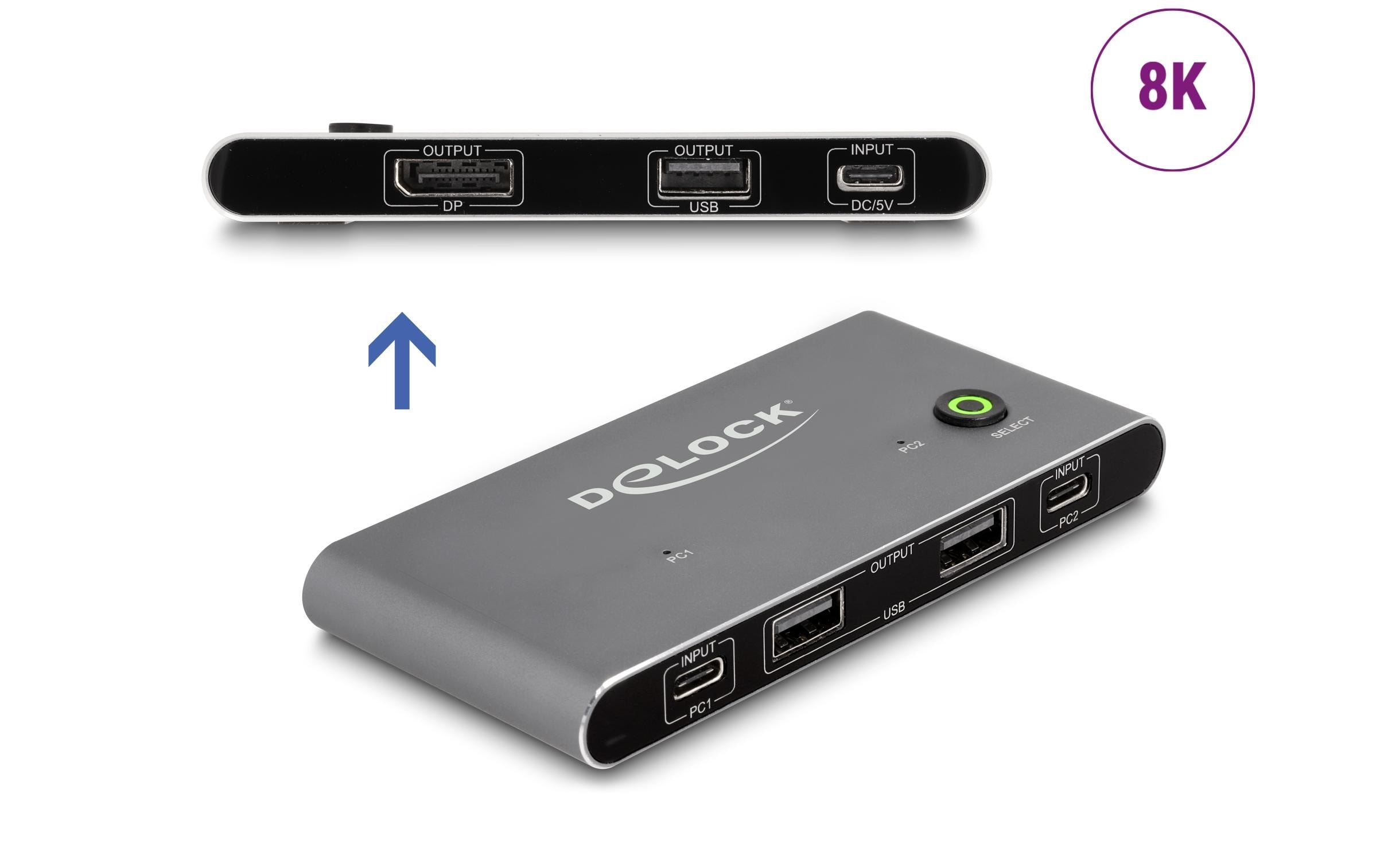 Delock KVM Switch USB-C zu DisplayPort 8K 30 Hz mit USB 2.0 Delock KVM Switch USB-C zu DisplayPort 8K 30 Hz mit USB 2.0