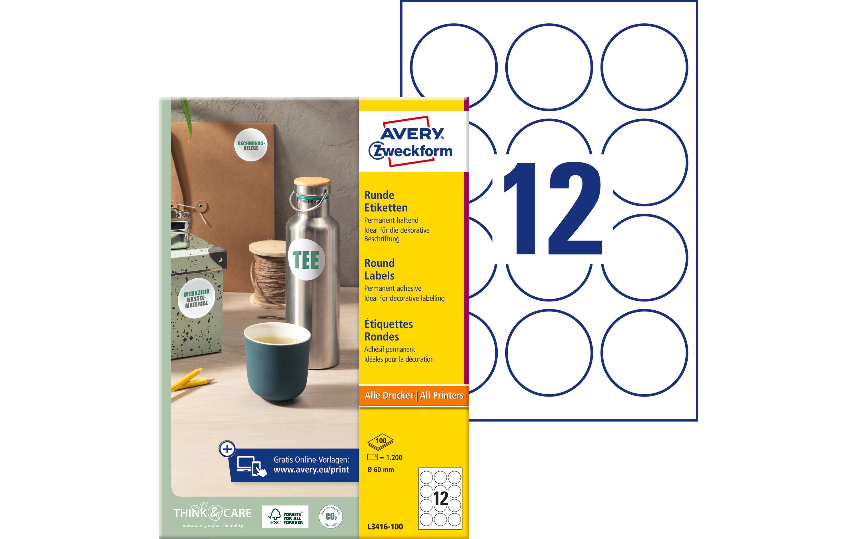 Avery Zweckform Runde Etiketten L3416-100 Ø 60 mm