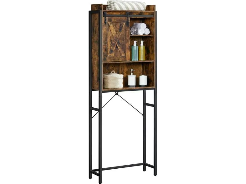 VASAGLE Badezimmerregal mit Schrank 64 x 24 x 171 cm, Braun/Schwarz VASAGLE Badezimmerregal mit Schrank 64 x 24 x 171 cm, Braun/Schwarz