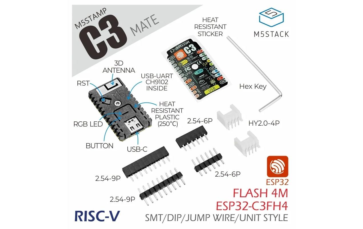 M5Stack Entwicklerboard M5Stamp C3 Mate , 5 Stück