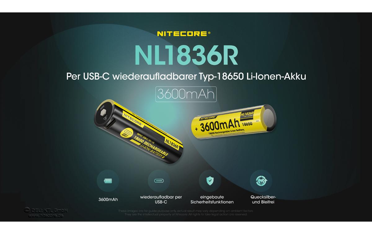 Nitecore Akku NL1836R 18650 UCB-C, 3600 mAh