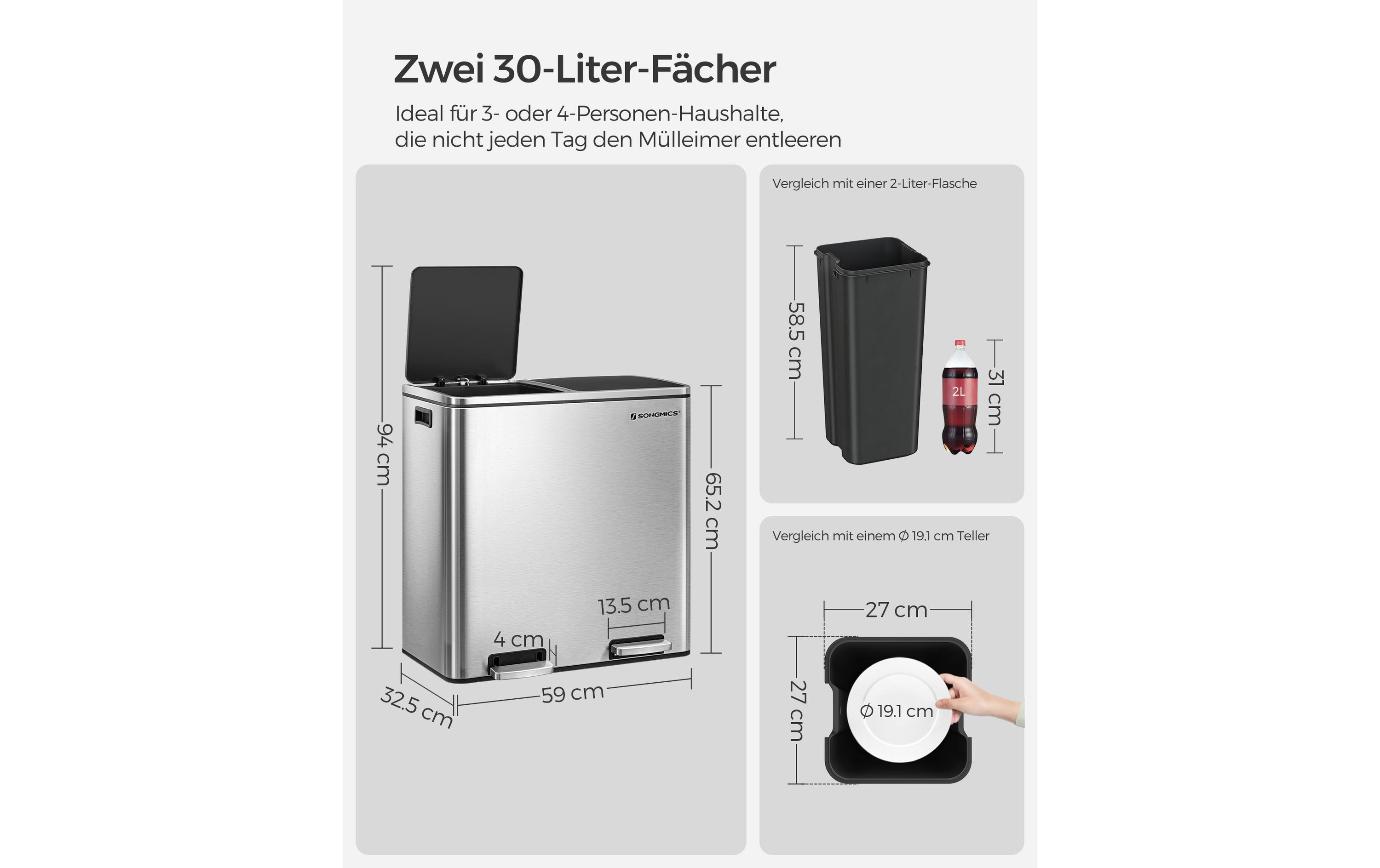 Songmics Treteimer 2 x 30 L, Silber