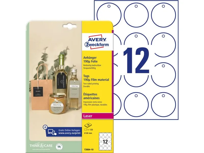 Avery Zweckform Hängeetiketten Tags 60 mm, 10 Blatt, 120 Stück Avery Zweckform Hängeetiketten Tags 60 mm, 10 Blatt, 120 Stück
