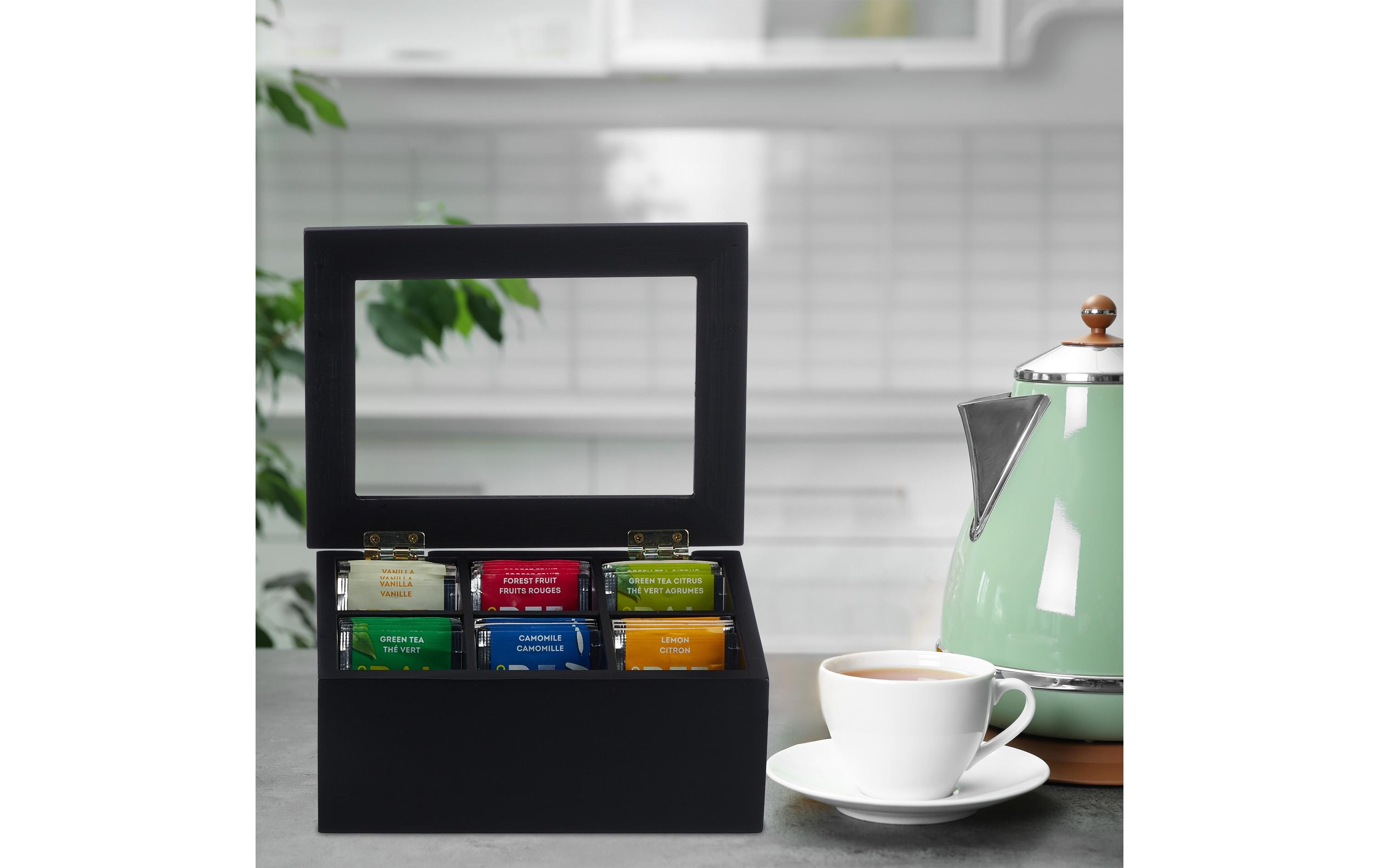 relaxdays Teebeutel-Box 6 Fächer, Schwarz/Transparent