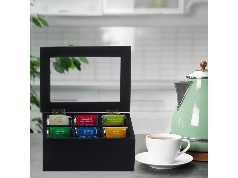 relaxdays Teebeutel-Box 6 Fächer, Schwarz/Transparent
