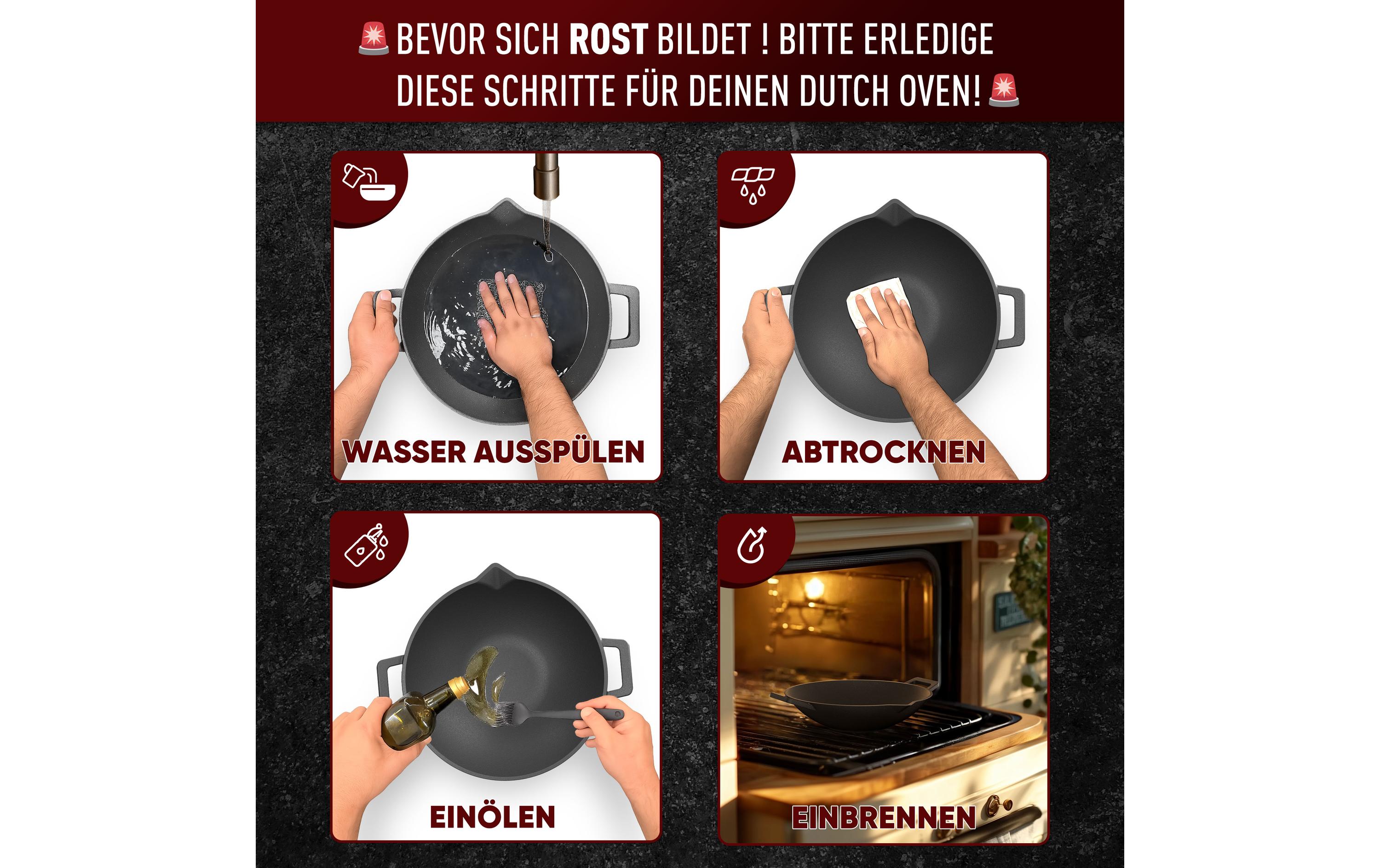 Gusskoenig Wok 35 cm mit Reiniger, Handschuhe