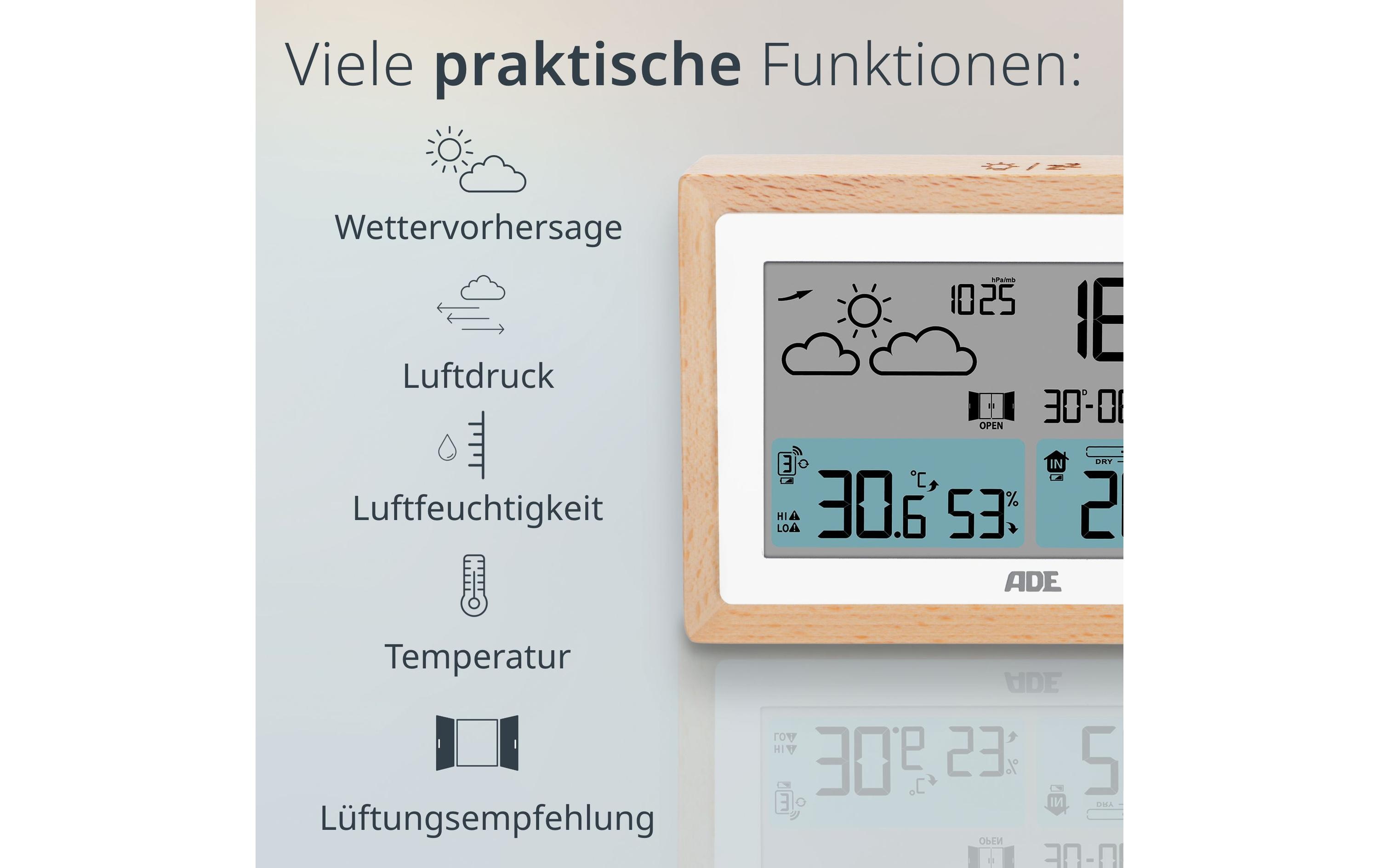 ADE Wetterstation mit Funk-Aussensensor Holz-Weiss ADE Wetterstation mit Funk-Aussensensor Holz-Weiss