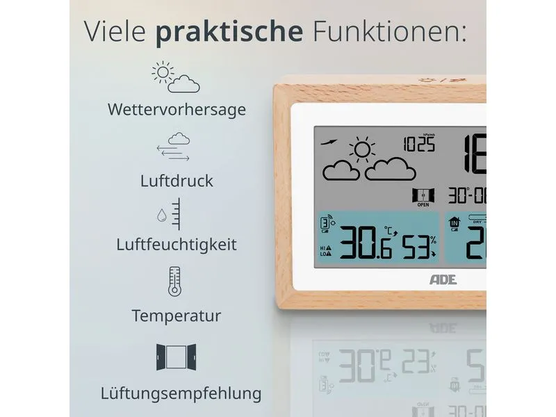ADE Wetterstation mit Funk-Aussensensor Holz-Weiss