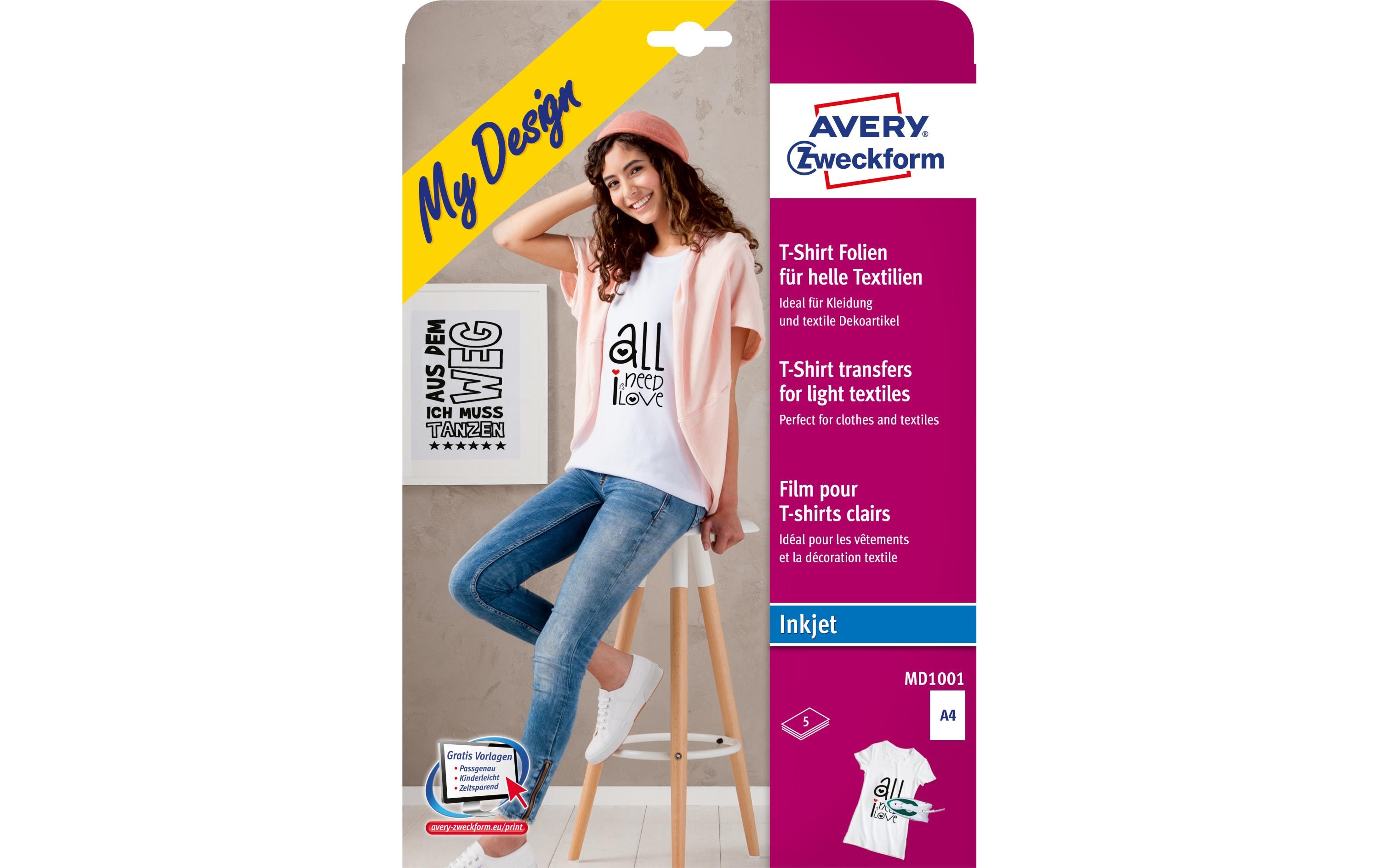 Avery Zweckform Aufbügelfolie Avery Inkjet, für weisse/helle Textilien