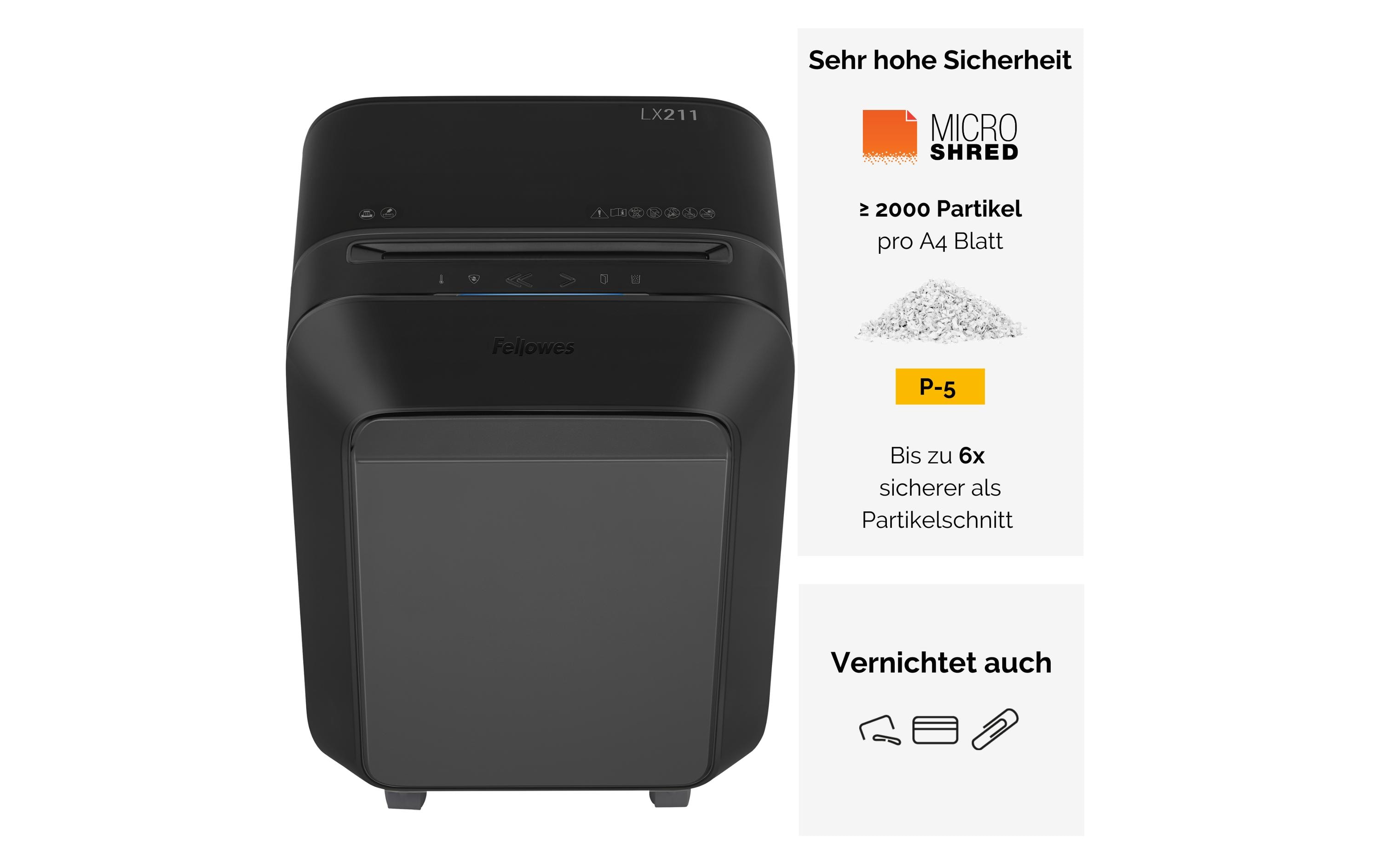 Fellowes Aktenvernichter LX211 P-5, 15 Seiten, Schwarz