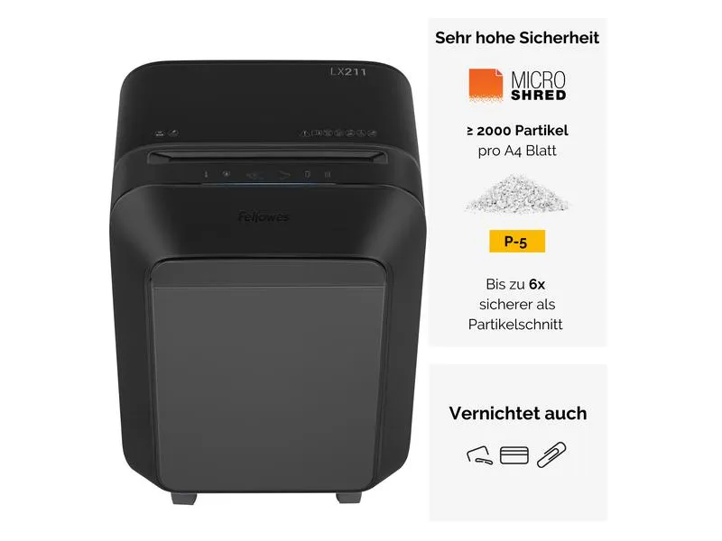 Fellowes Aktenvernichter LX211 P-5, 15 Seiten, Schwarz Fellowes Aktenvernichter LX211 P-5, 15 Seiten, Schwarz