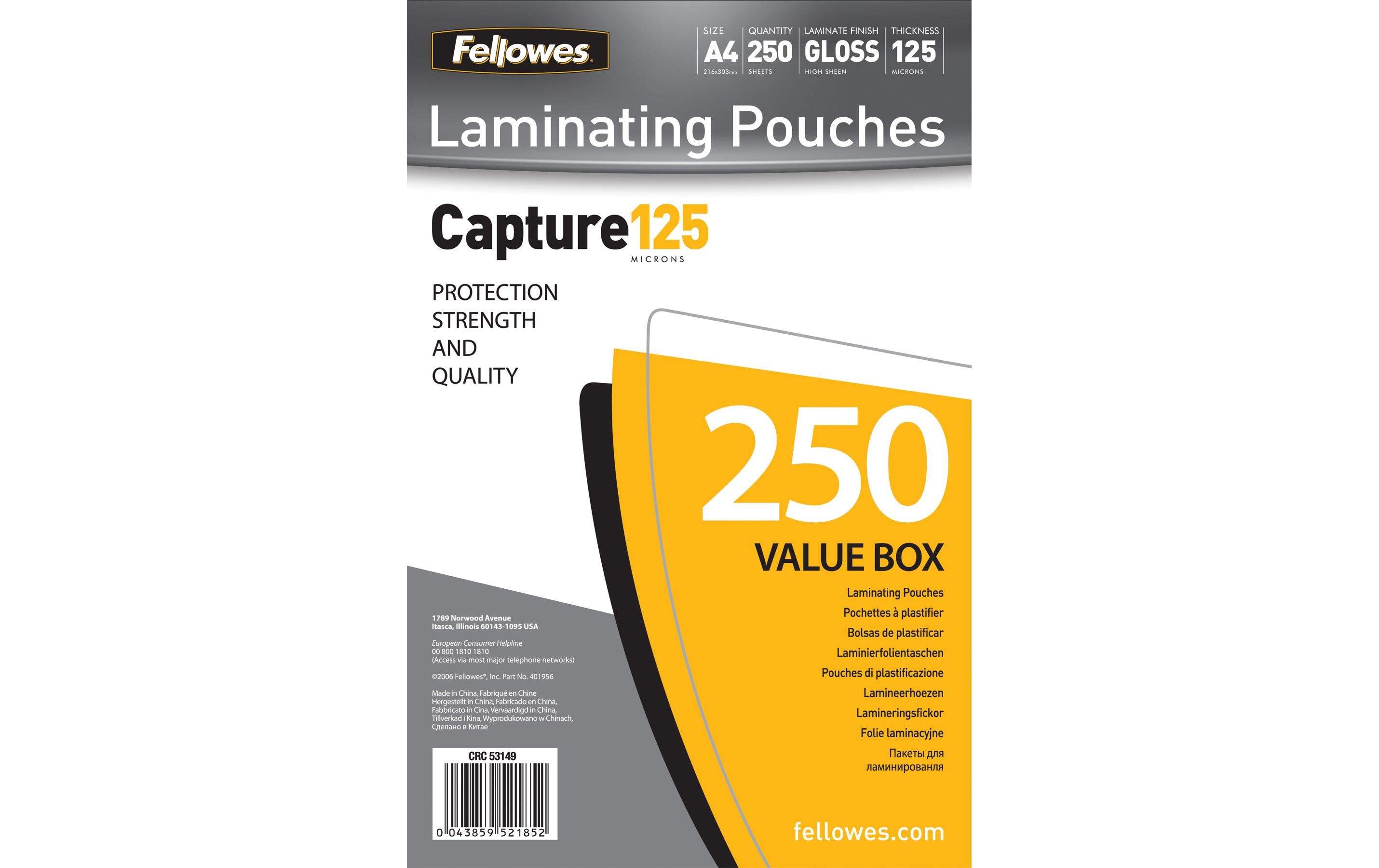 Fellowes Laminierfolie A4, , 250 Stück, Glänzend Fellowes Laminierfolie A4, , 250 Stück, Glänzend