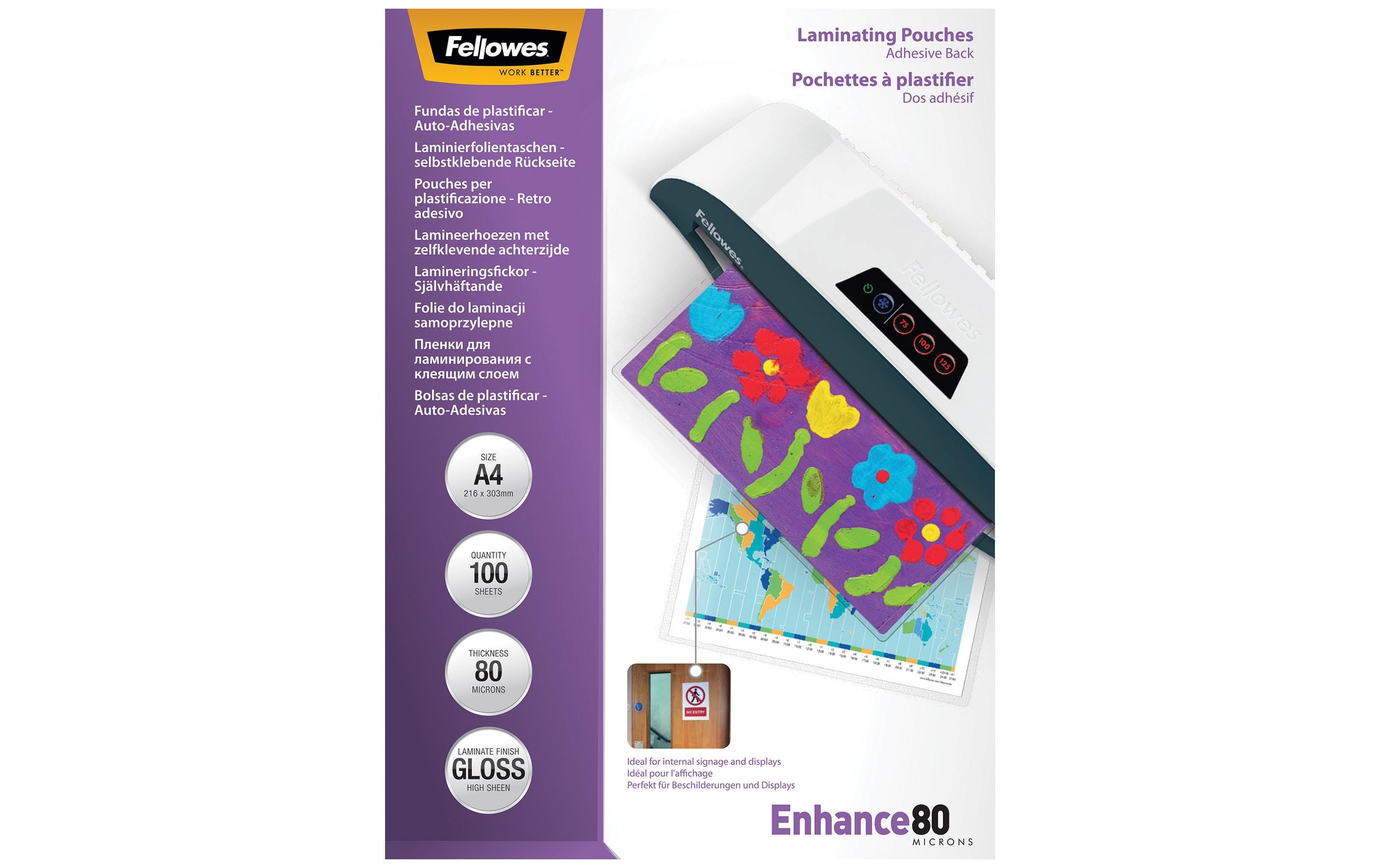Fellowes Laminierfolie A4, 80 µm, 100 Stück, Glänzend, Selbstklebend Fellowes Laminierfolie A4, 80 µm, 100 Stück, Glänzend, Selbstklebend