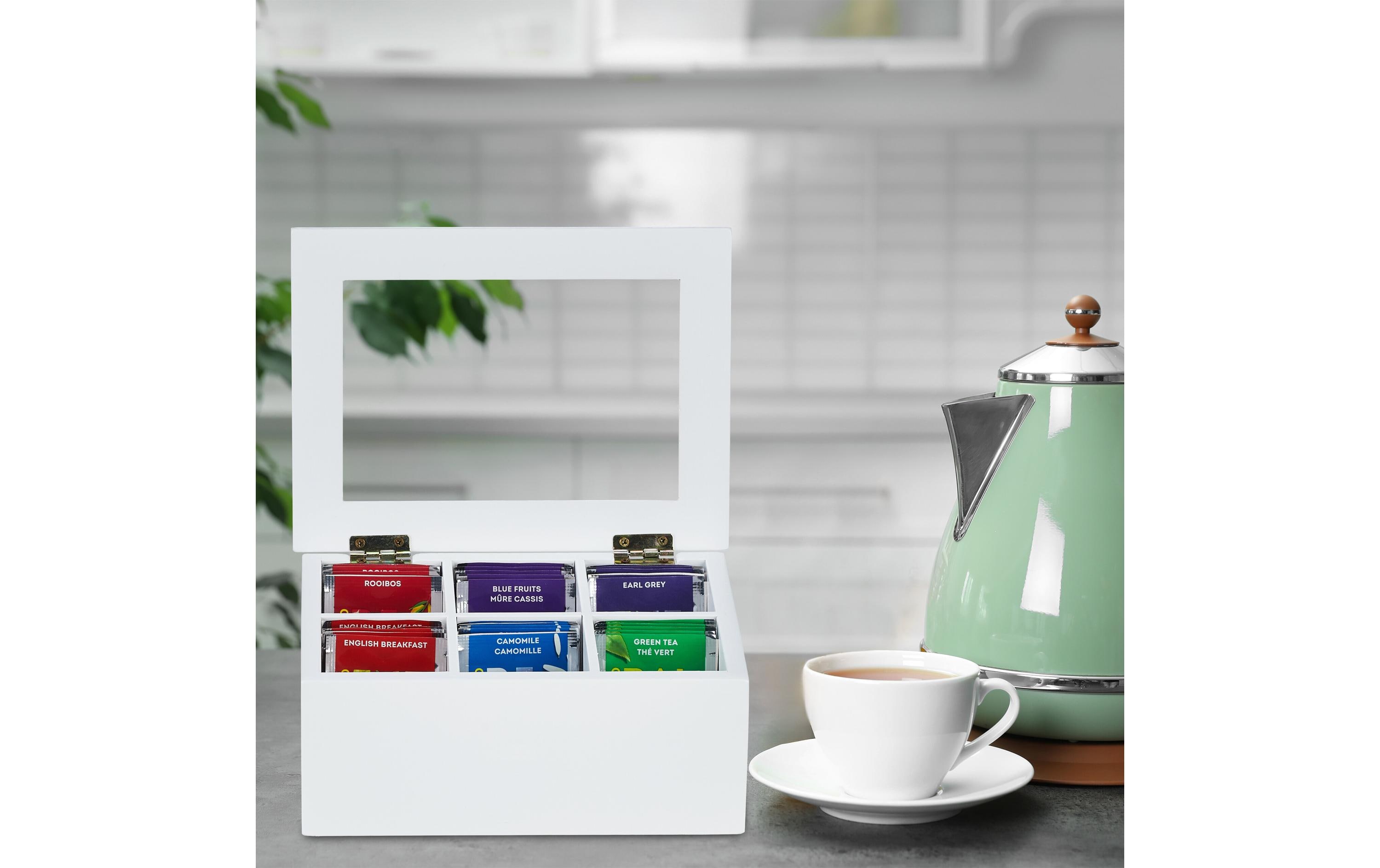 relaxdays Teebeutel-Box 6 Fächer, Transparent/Weiss