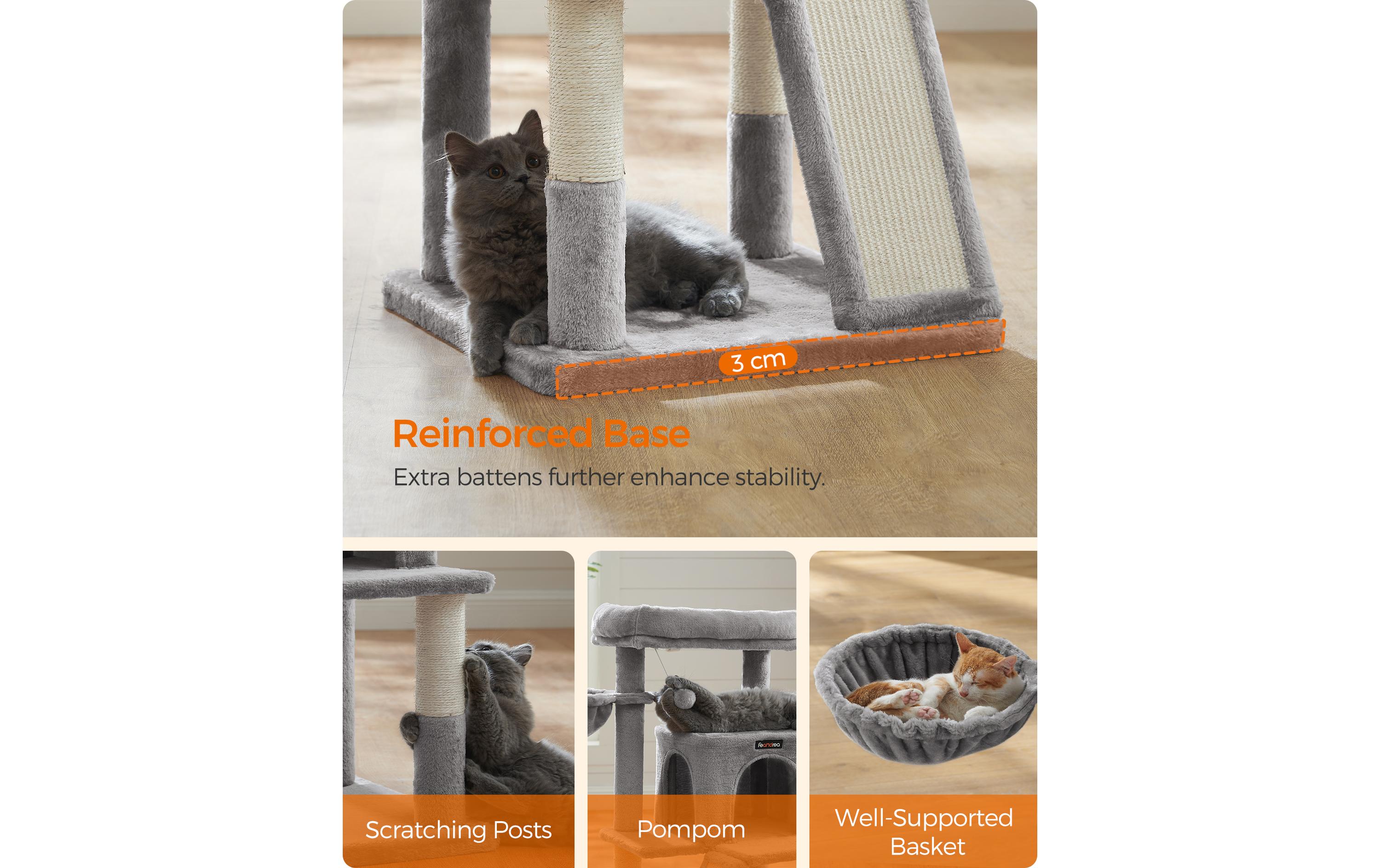 Feandrea Kratzbaum mit Kratzbrett, 96 cm, Grau/Beige