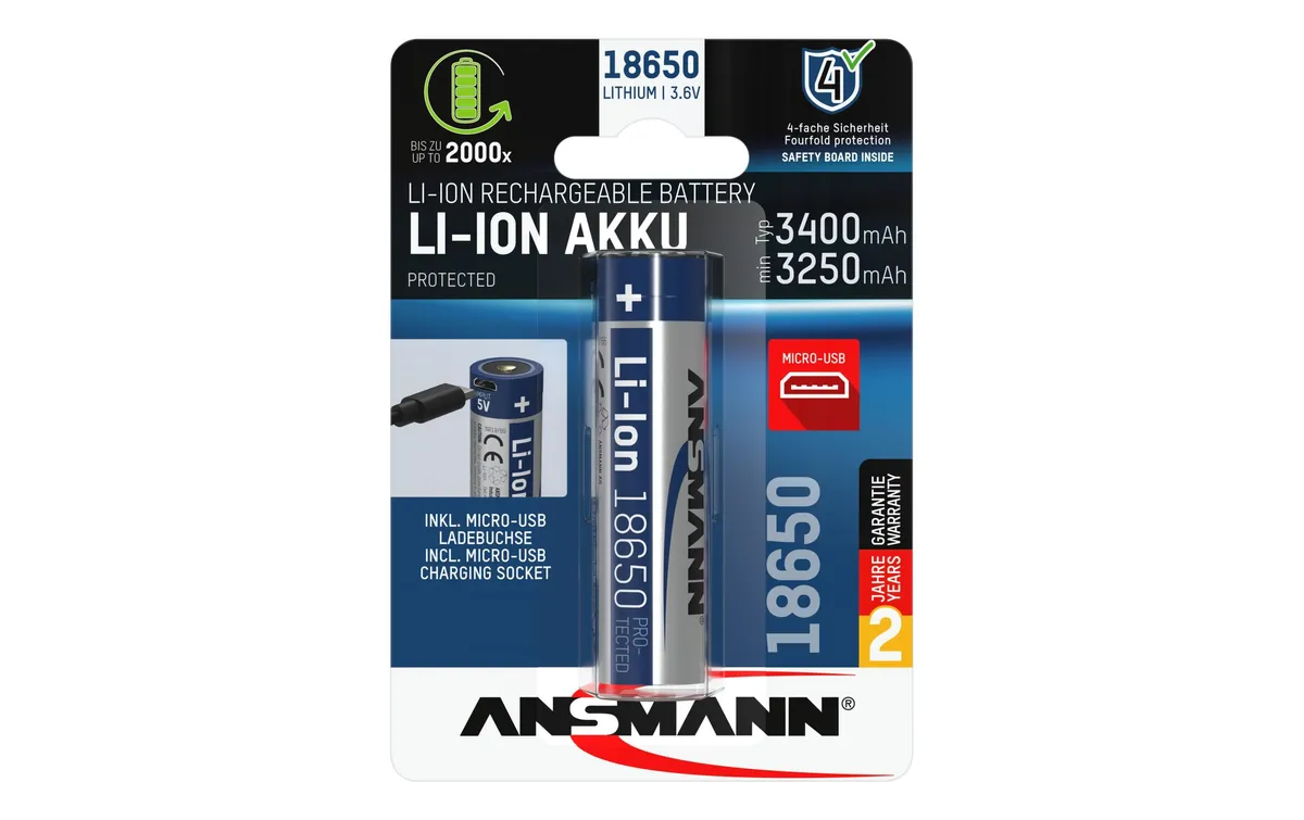 Ansmann Akku 18650 Typ 3400 3250 mAh mit Micro-USB Ladebuchse Ansmann Akku 18650 Typ 3400 3250 mAh mit Micro-USB Ladebuchse