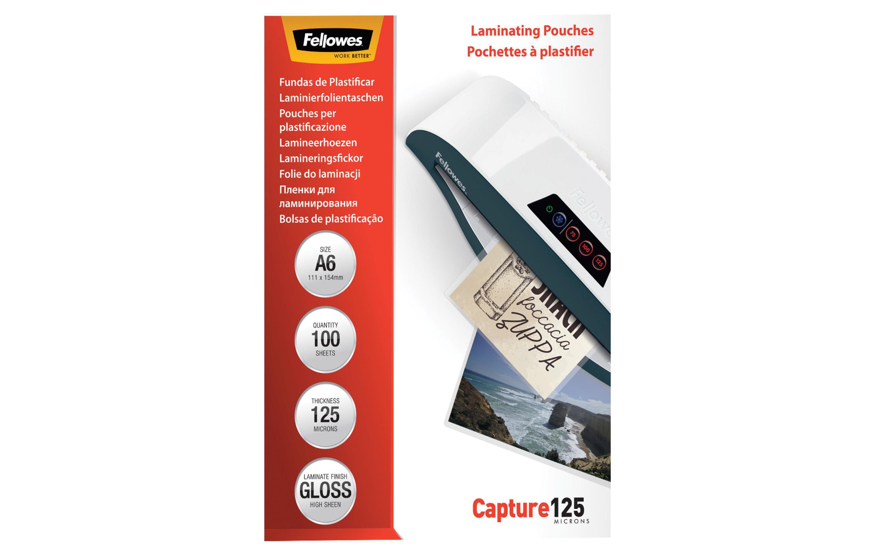 Fellowes Laminierfolie A6, 125 µm, 100 Stück, Glänzend Fellowes Laminierfolie A6, 125 µm, 100 Stück, Glänzend