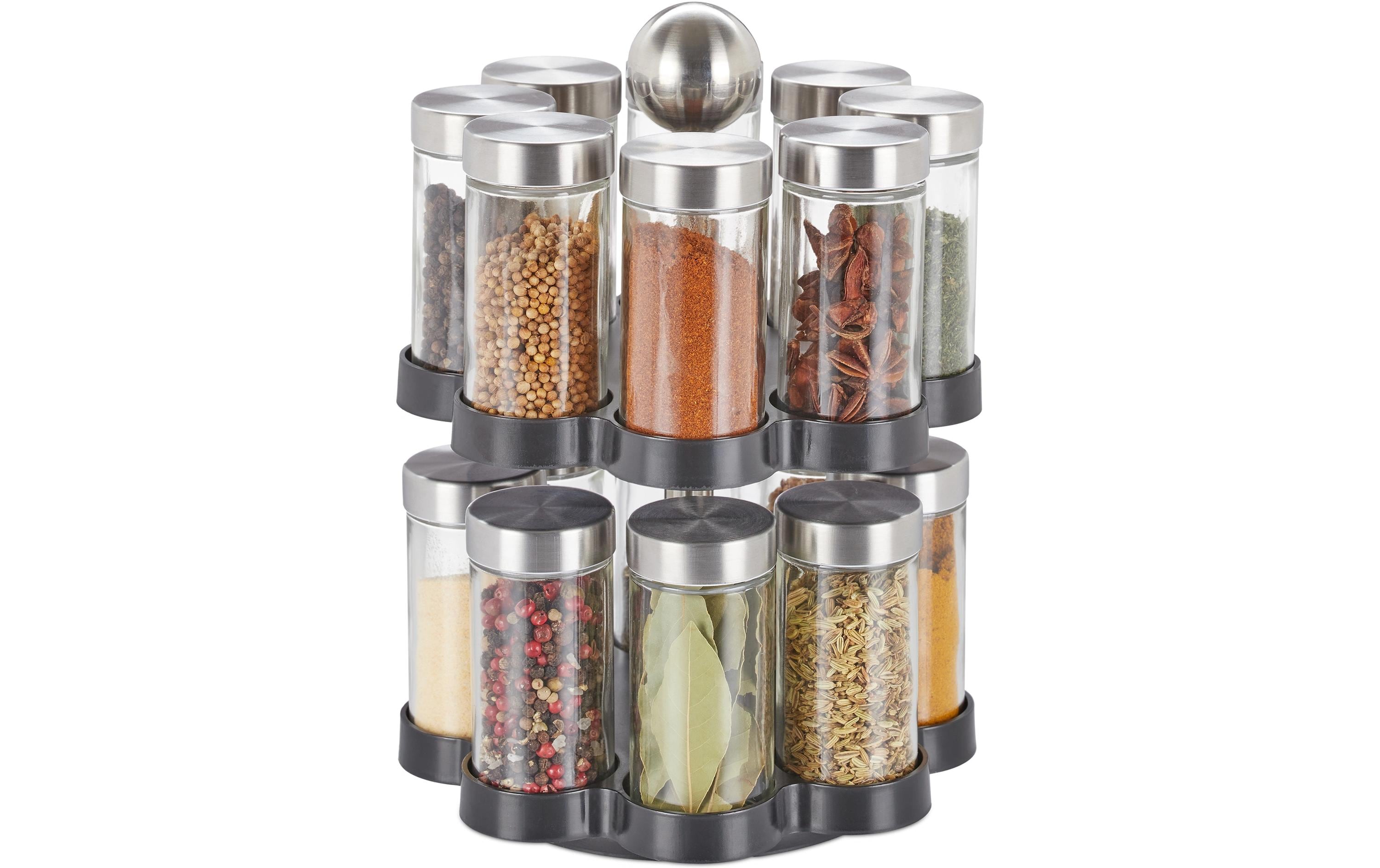 relaxdays Gewürzkarussell 16er Set Schwarz/Silber/Transparent