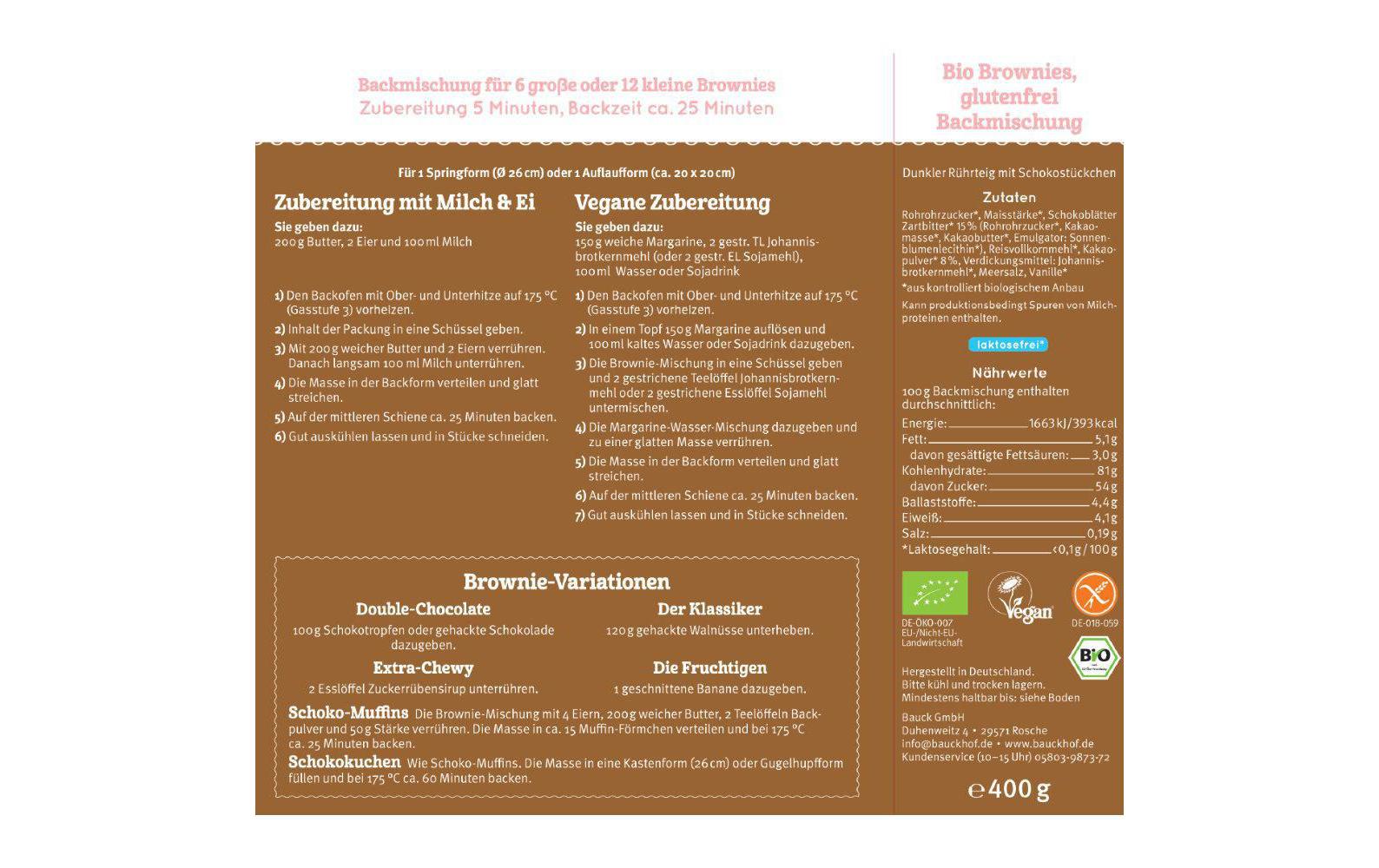 Bauck Mühle Backmischung Brownies glutenfrei 400 g Bauck Mühle Backmischung Brownies glutenfrei 400 g