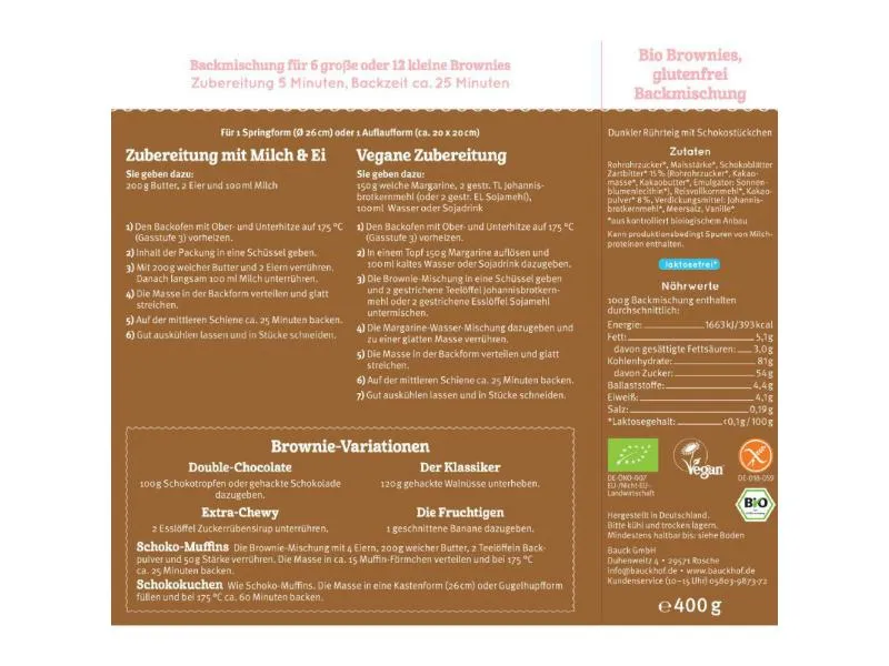 Bauck Mühle Backmischung Brownies glutenfrei 400 g