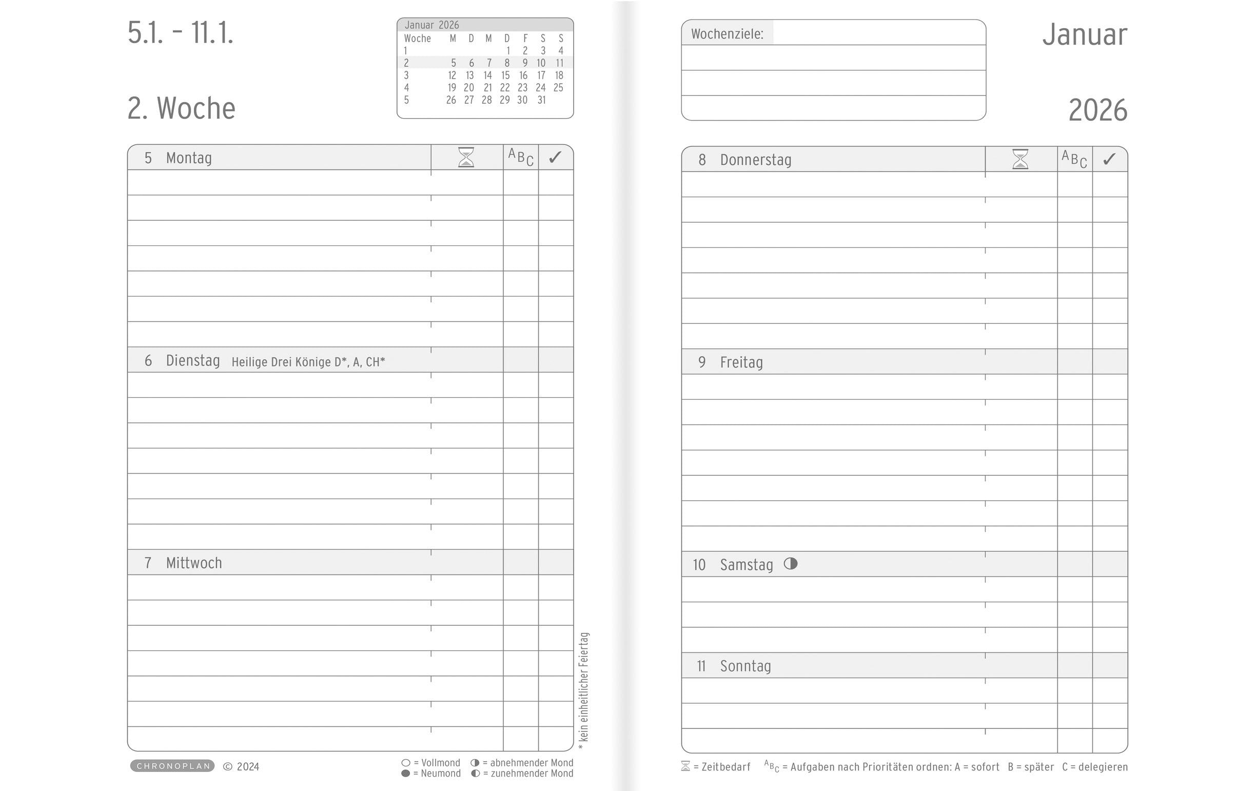Simplex Tagesplaner Ohne Motiv, 2026, Schwarz/Weiss