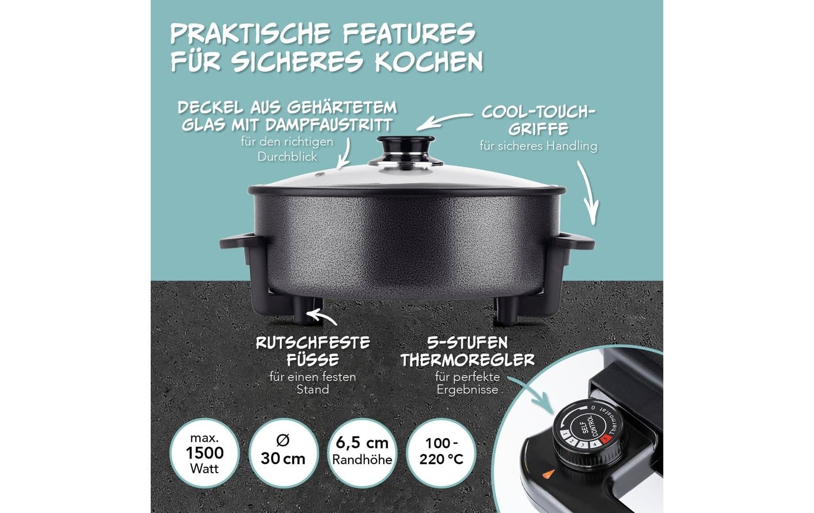 GOURMETmaxx Party-Pfanne mit Deckel, 1500 W