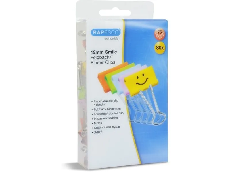 Rapesco Metallklemme Smiley foldback, sortierte Farben, 80 Stück