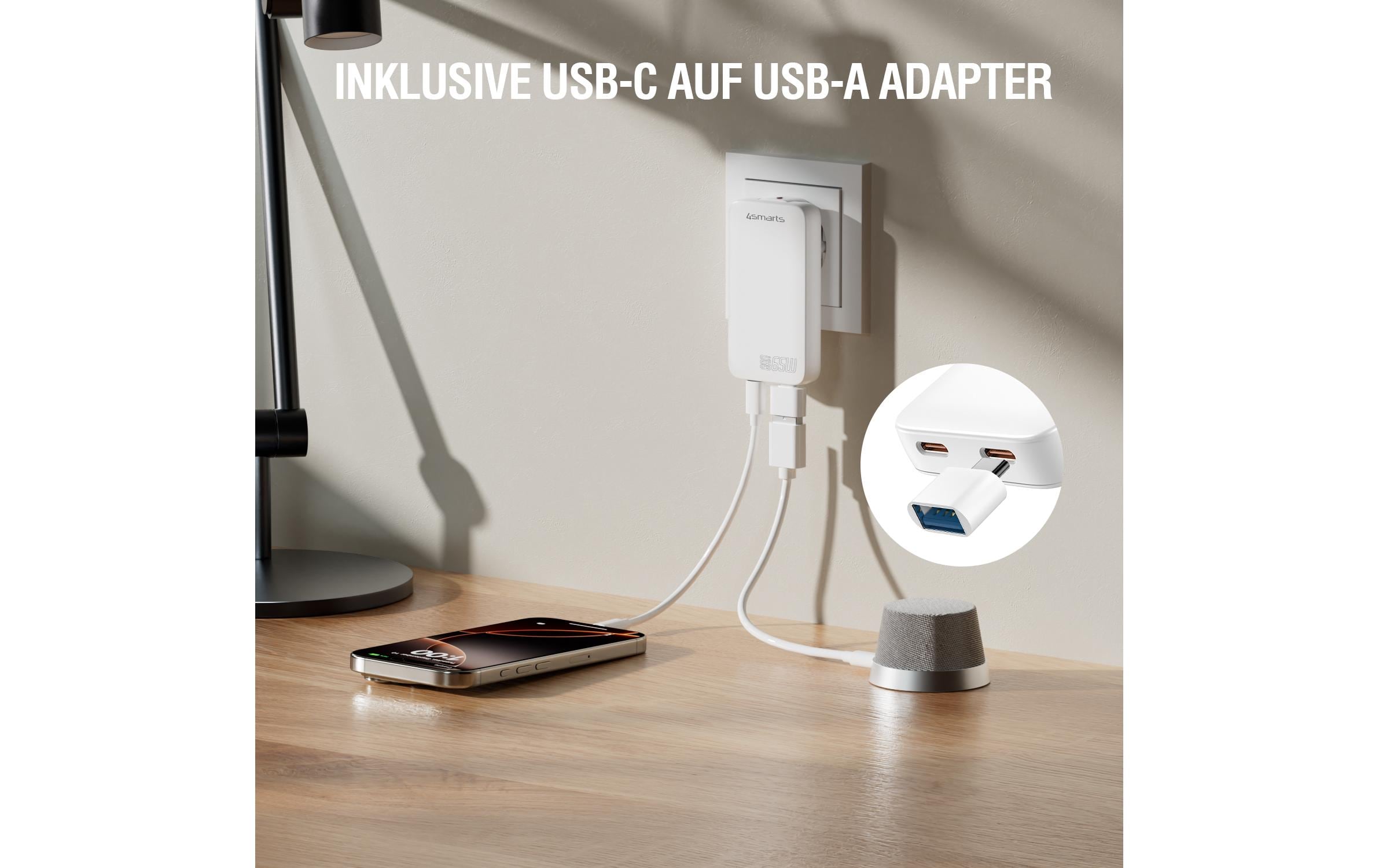 4smarts Netzladegerät FlatPlug Slim Dual 65W GaN 2C, weiss 4smarts Netzladegerät FlatPlug Slim Dual 65W GaN 2C, weiss