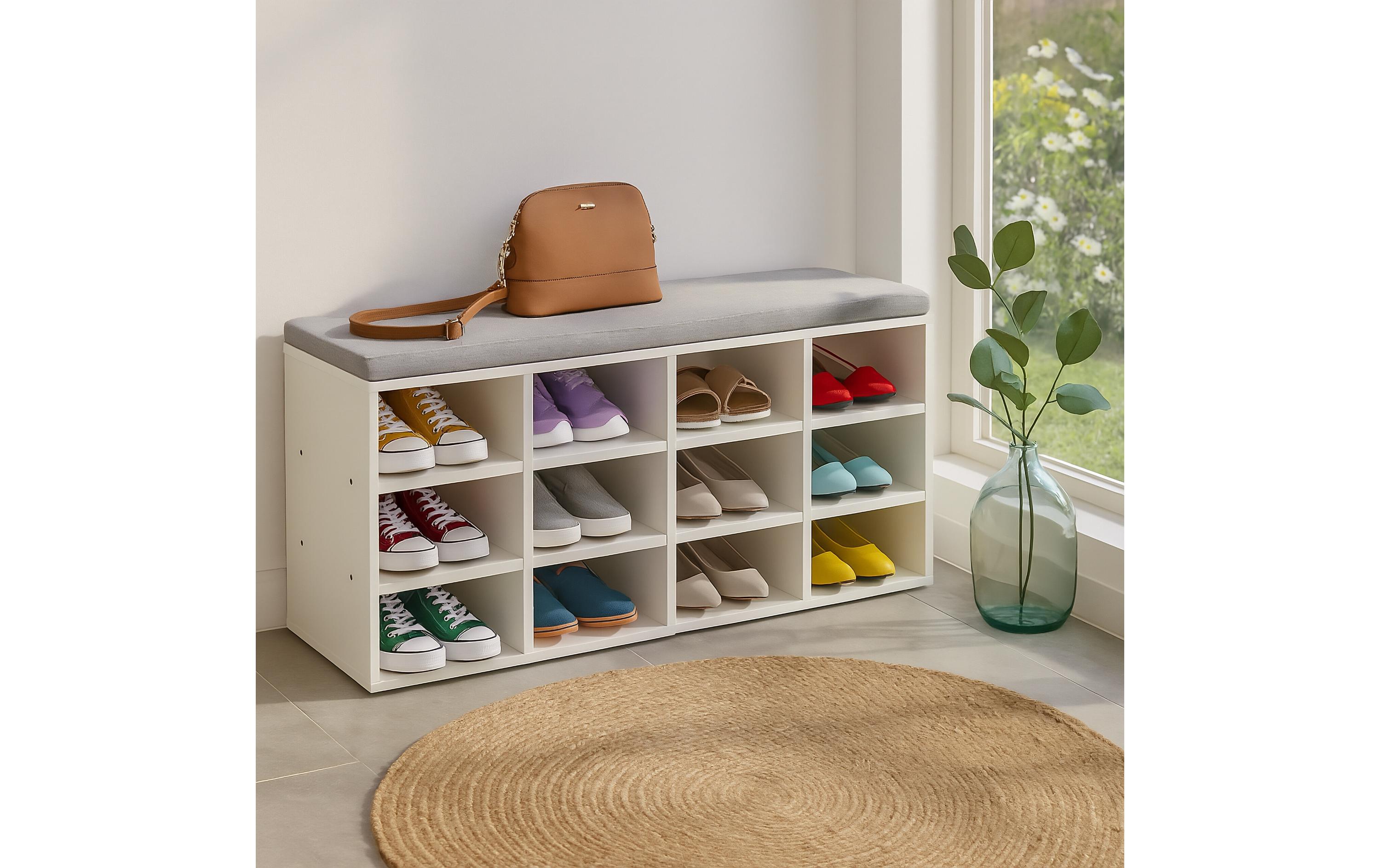 relaxdays Schuhbank mit Sitzfläche mit 12 Fächern, Grau/Weiss