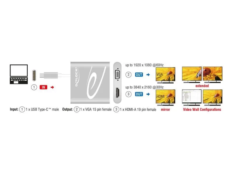 Delock 2-Port Signalsplitter USB-C - 1xHDMI & 1xVGA