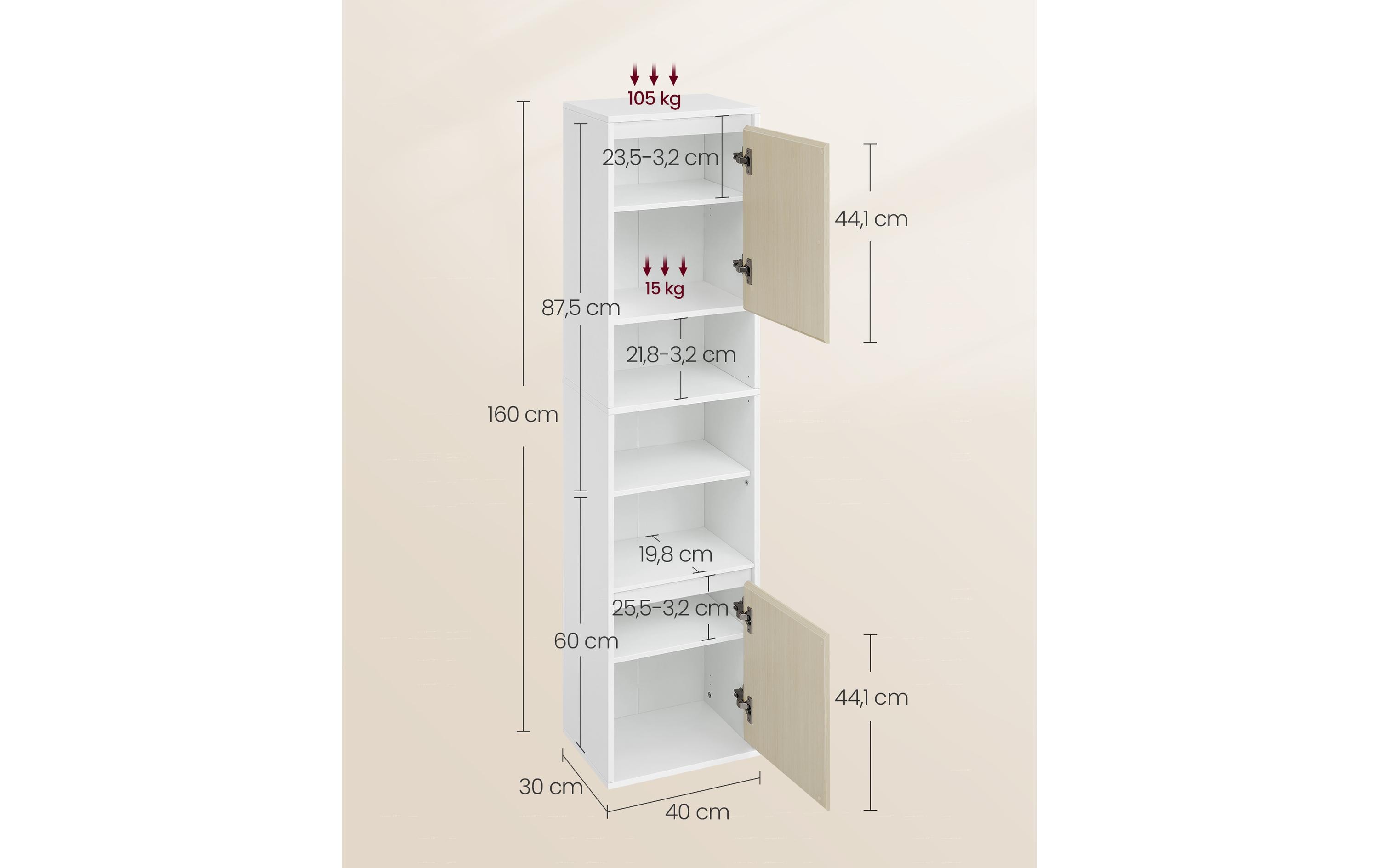 VASAGLE Kommode Bathroom Cabinet, 40 x 160 cm, Weiss-Beige