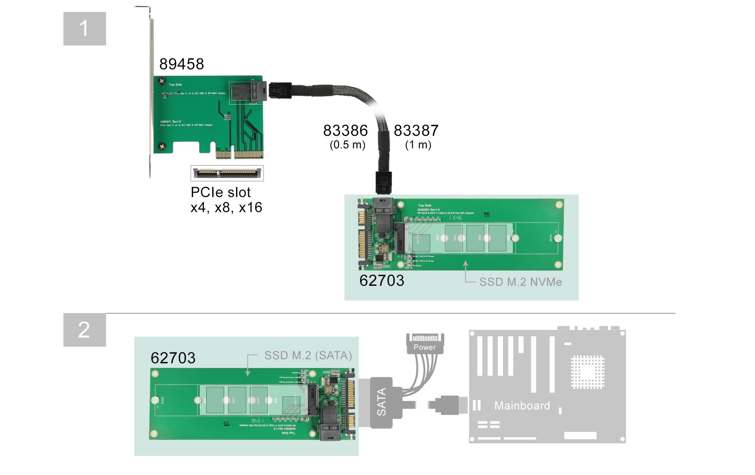 Delock Host Bus Adapter SATA M.2 SSD – M.2 NVMe SSD
