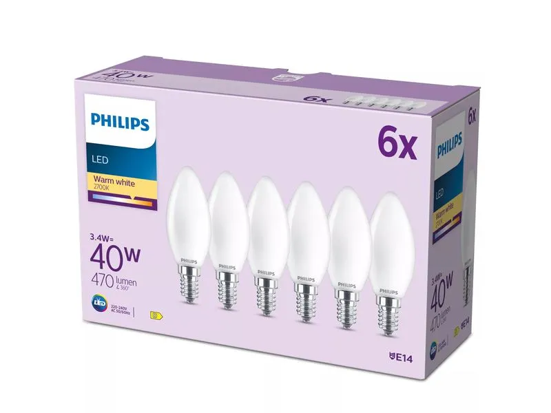 Philips LED Filament-Kerzenlampe, Milchglas, 40W, B35, E14, 6er-Pack Philips LED Filament-Kerzenlampe, Milchglas, 40W, B35, E14, 6er-Pack